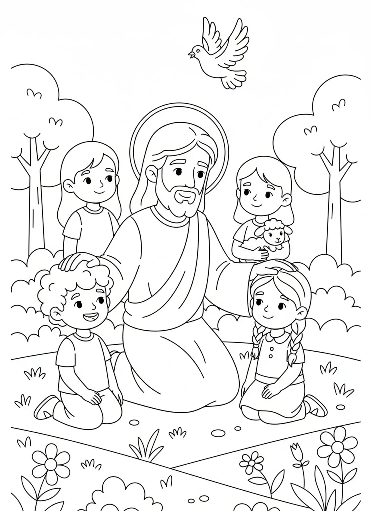 Jezus zegent kinderen, kleurplaat voor kinderen van 5-10 jaar, Matteüs 11:28.