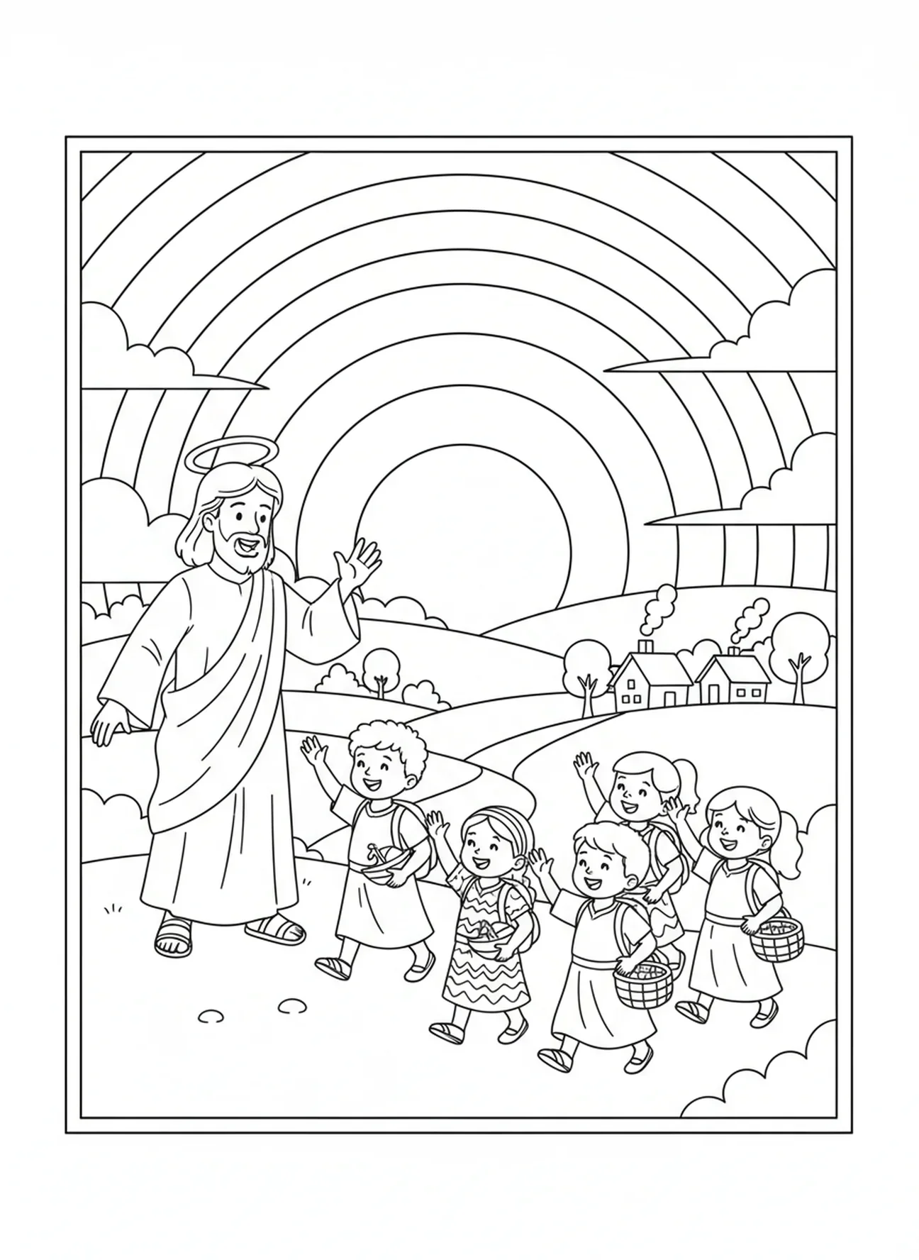Jezus zwaait afscheid van kinderen, Matteüs 11:28 kleurplaat voor kinderen van 5-10 jaar.