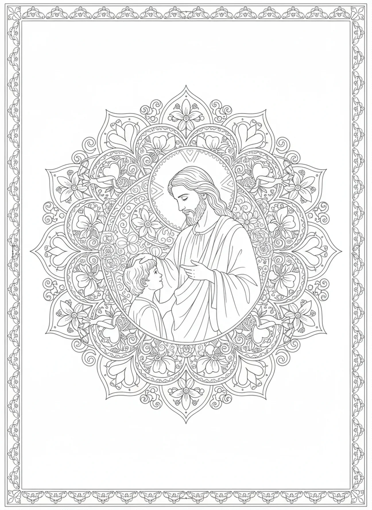 Jésus bénissant un enfant, page à colorier Matthieu 19:26 pour adultes dans un style de journal biblique.