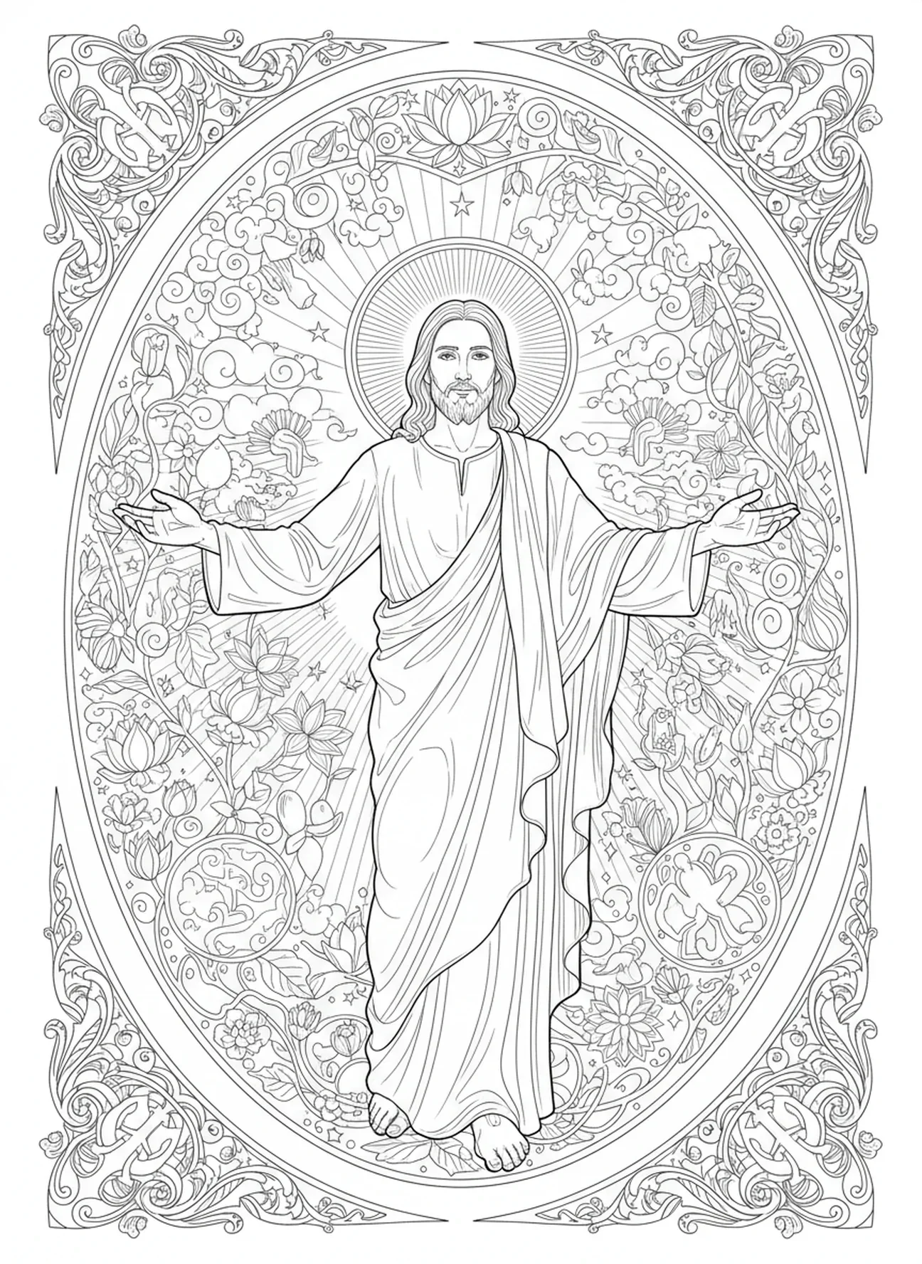 Jésus invitant ses disciples, page à colorier Matthieu 19:26 dans un style de journal biblique pour adultes.