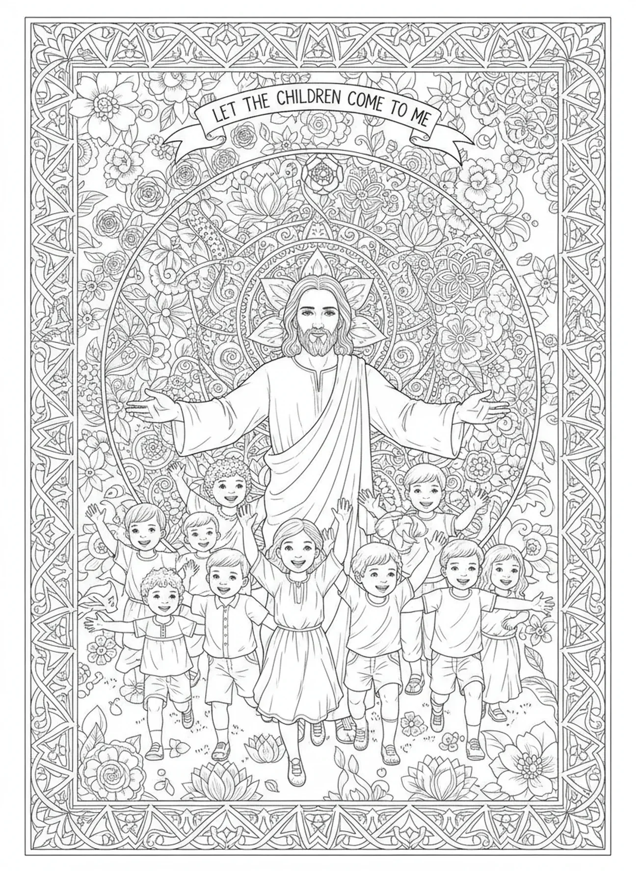 Enfants s'approchant de Jésus avec joie, page à colorier Matthieu 19:26 dans un style de journal biblique pour adultes.