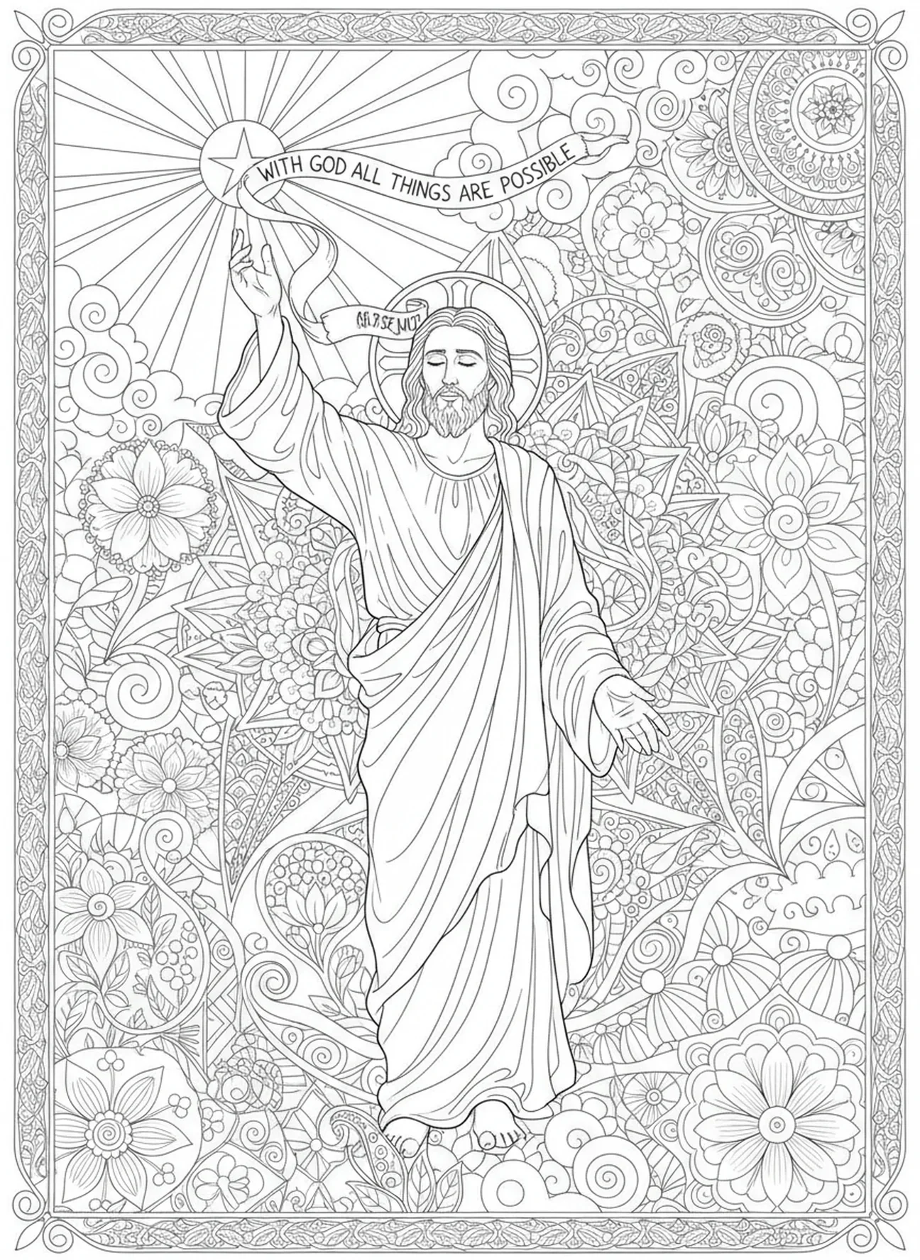 Jésus proclamant les possibilités avec Dieu, page à colorier Matthieu 19:26 pour adultes dans un style de journal biblique.