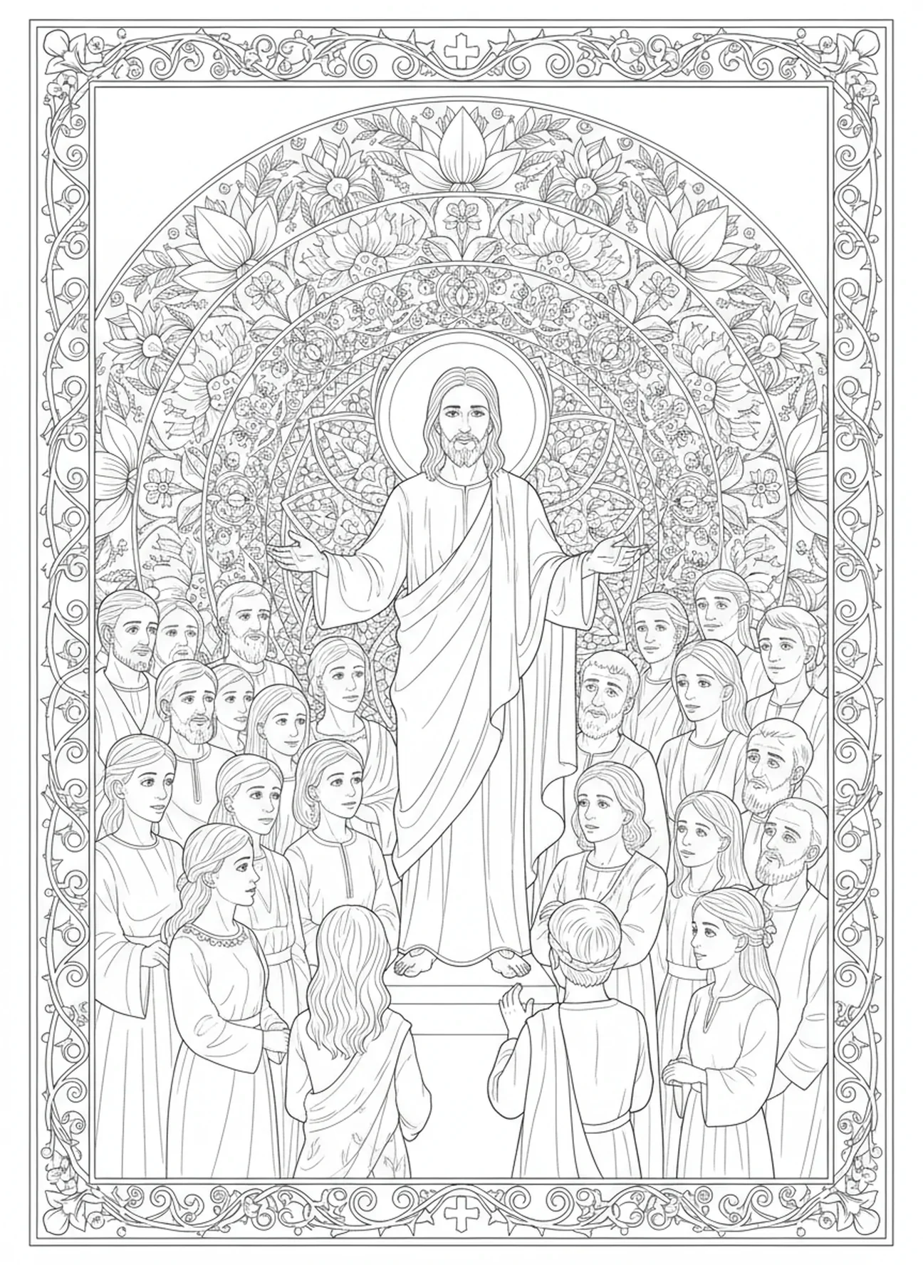 Jésus enseignant une foule, page à colorier Matthieu 19:26 dans un style de journal biblique pour adultes.
