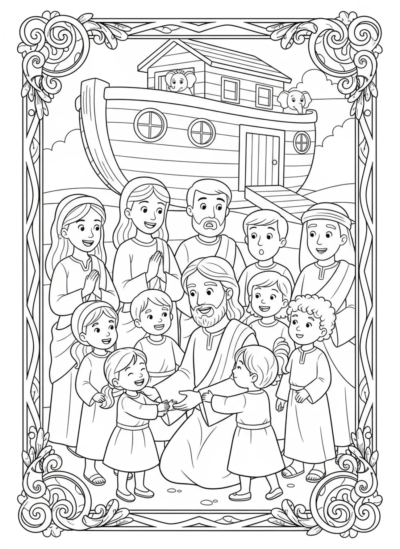 Adultos observando a Jesús, página para colorear de Mateo 19:26 para niños de 5 a 10 años.