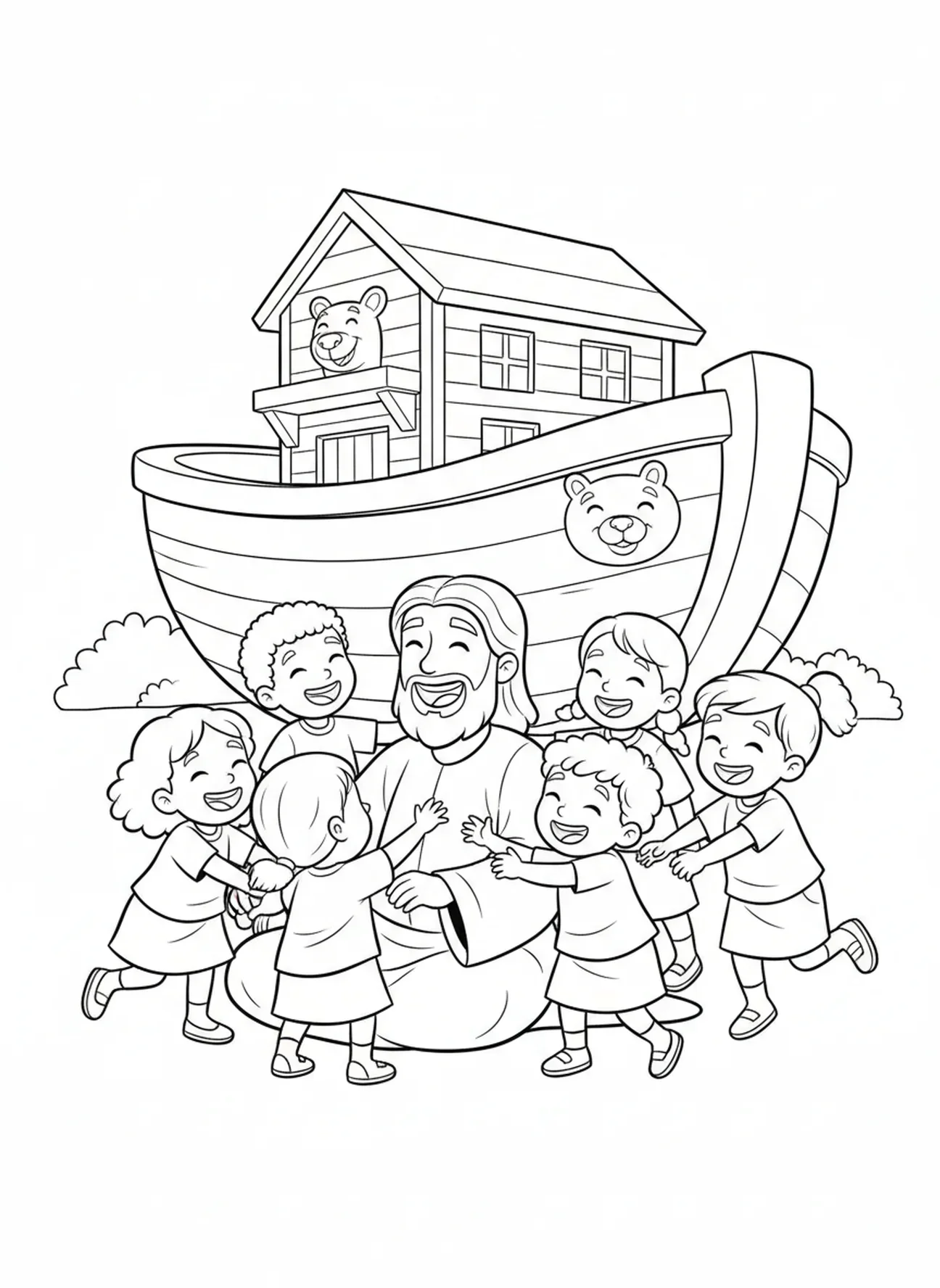 Jesús y niños felices juntos, página para colorear de Mateo 19:26 para niños de 5 a 10 años.
