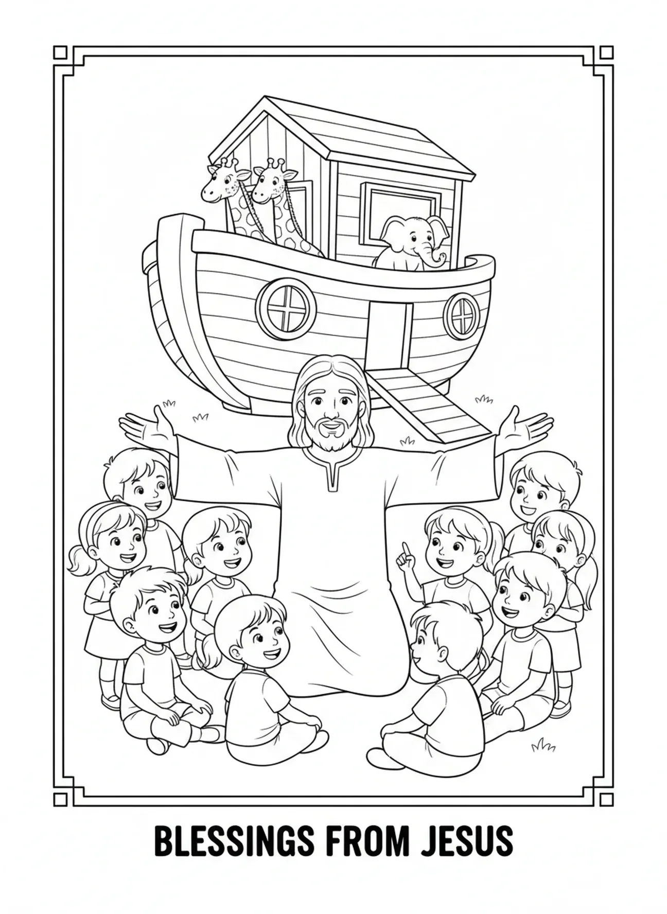 Jesús bendiciendo a los niños, página para colorear de Mateo 19:26 para niños de 5 a 10 años.