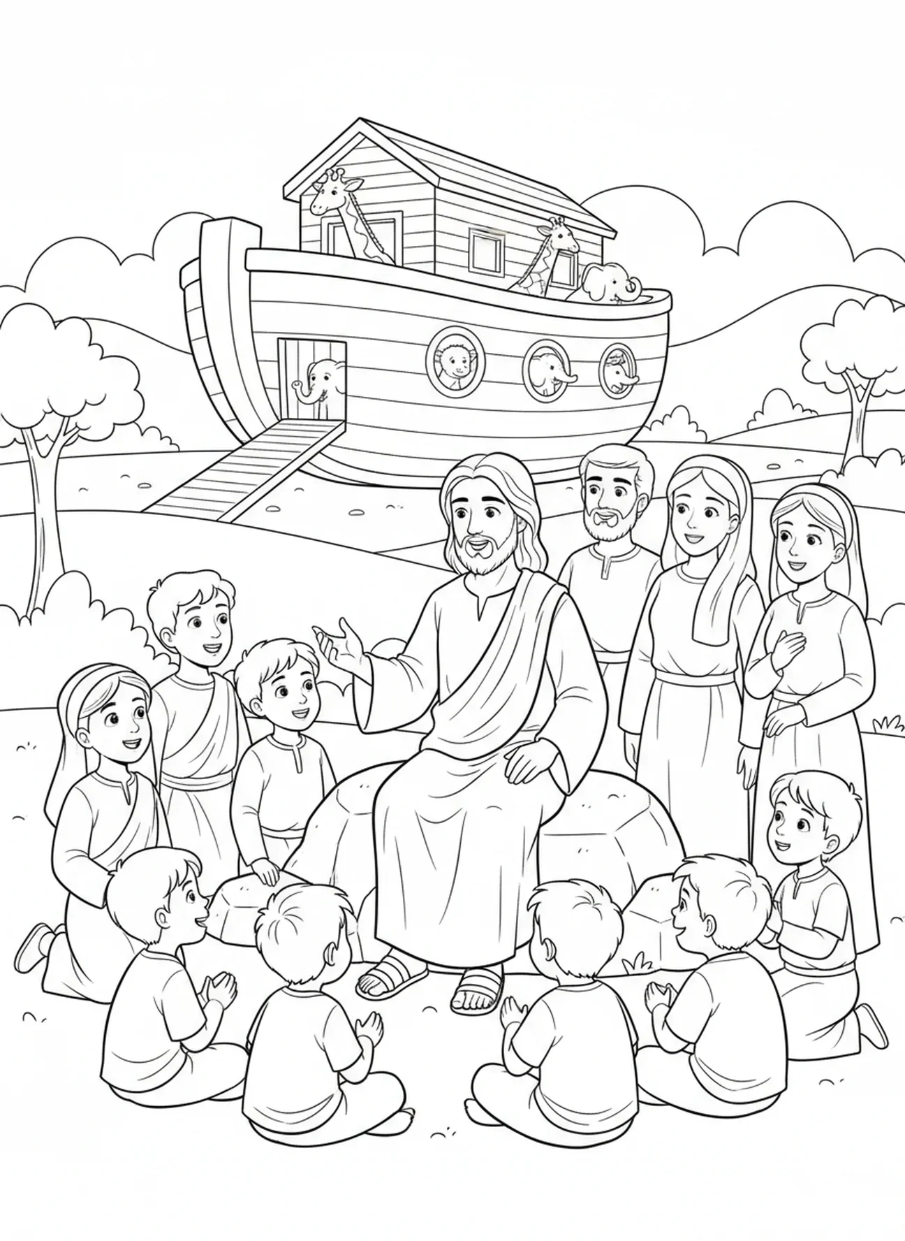 Jesús enseñando a la multitud, página para colorear de Mateo 19:26 para niños de 5 a 10 años.