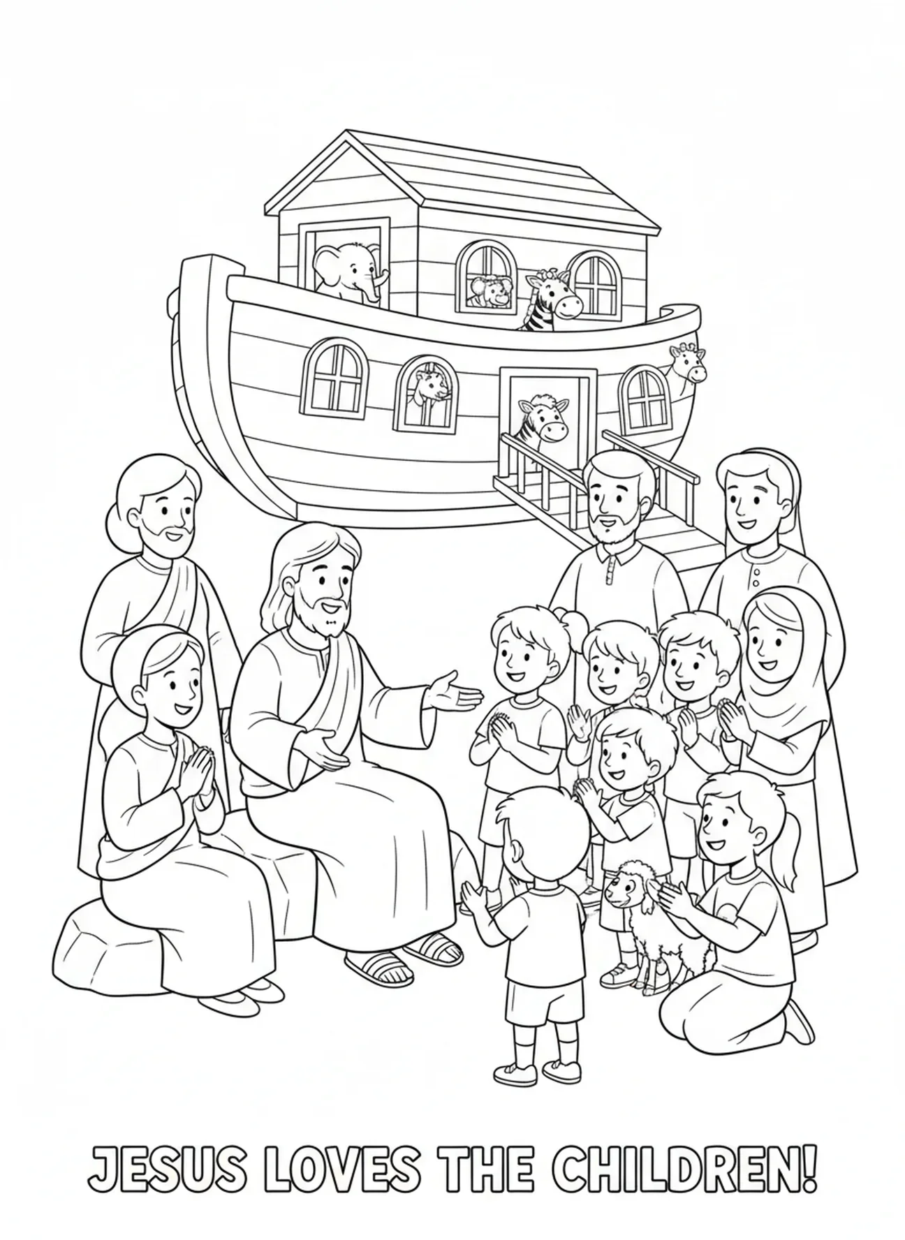 Jesús enseñando la importancia de los niños, página para colorear de Mateo 19:26 para niños de 5 a 10 años.