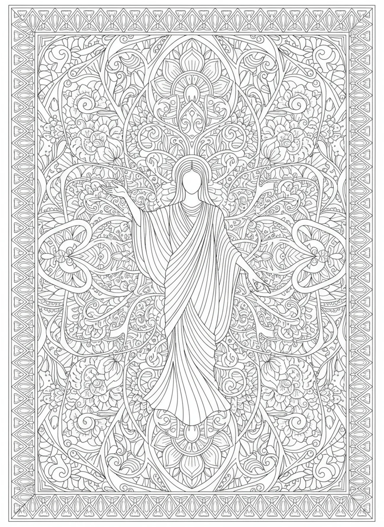 Figure commandant avec foi, page à colorier Matthieu 21:22 pour adultes dans un style de journal biblique.