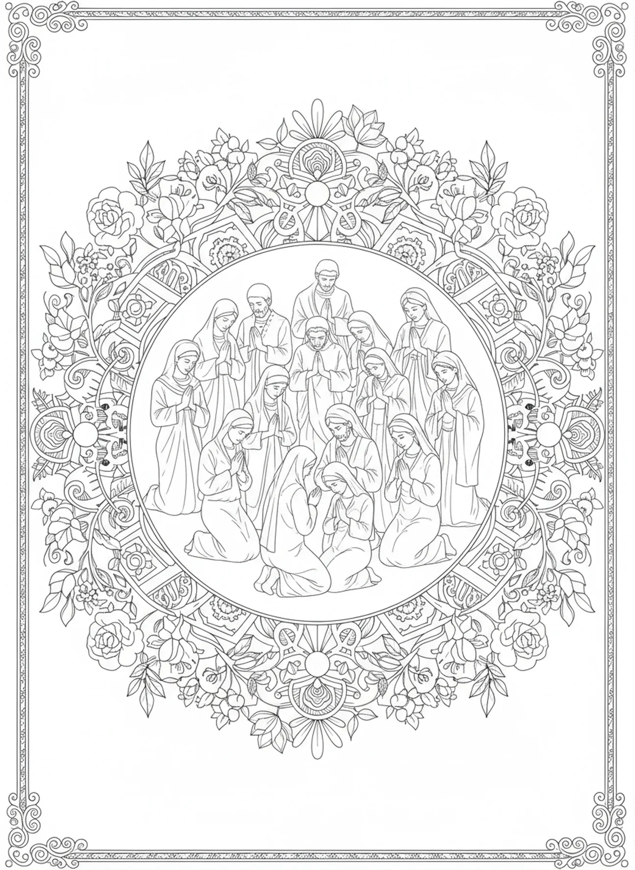 Croyants divers se rassemblant, page à colorier Matthieu 21:22 pour adultes dans le style du journal biblique.