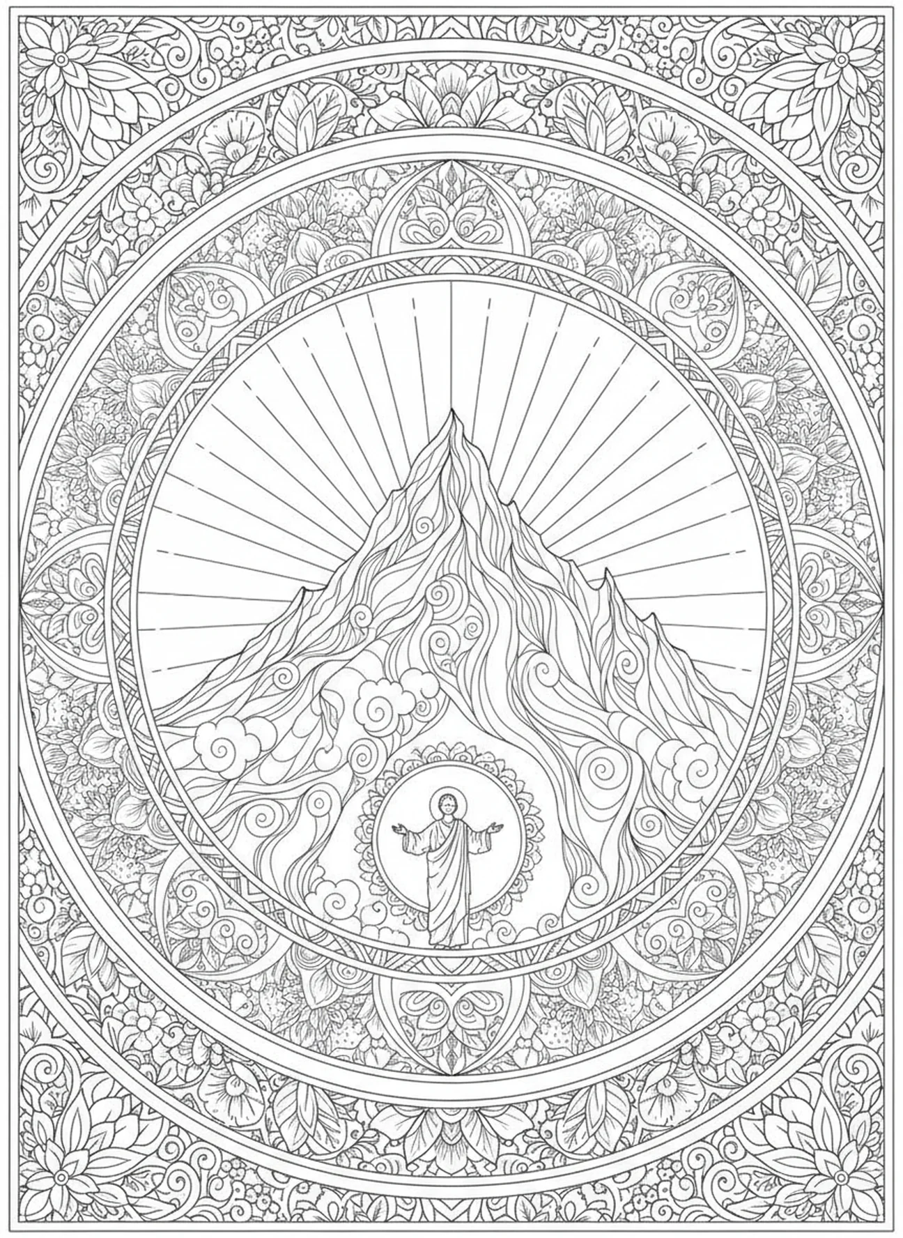 Montagne se déplaçant par la foi, page à colorier Matthieu 21:22 pour le journaling biblique des adultes.