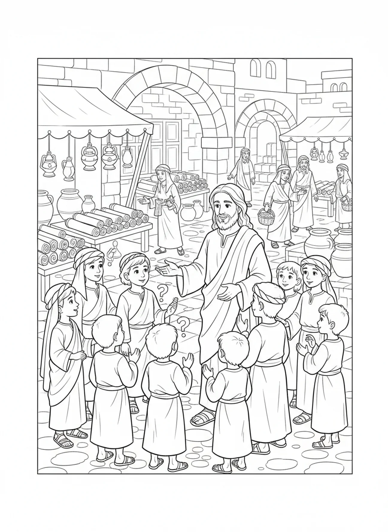Discípulos fazendo perguntas a Jesus, página para colorir de Mateus 21:22 para crianças da Escola Dominical de 5 a 12 anos