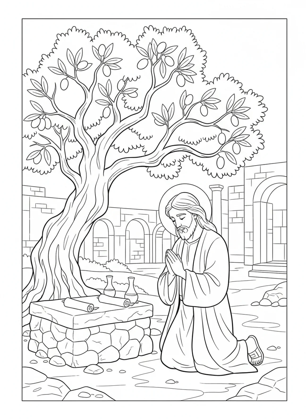 Jesus orando sob uma oliveira, página de colorir de Mateus 21:22 para crianças da Escola Dominical de 5 a 12 anos