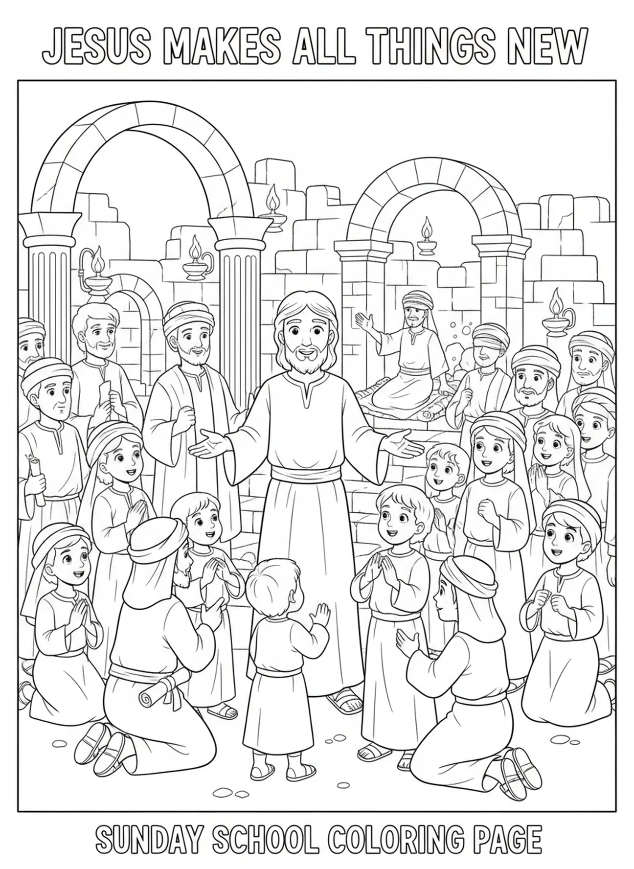 Jesus realizando milagres, página de colorir de Mateus 21:22 para crianças de 5 a 12 anos da Escola Dominical