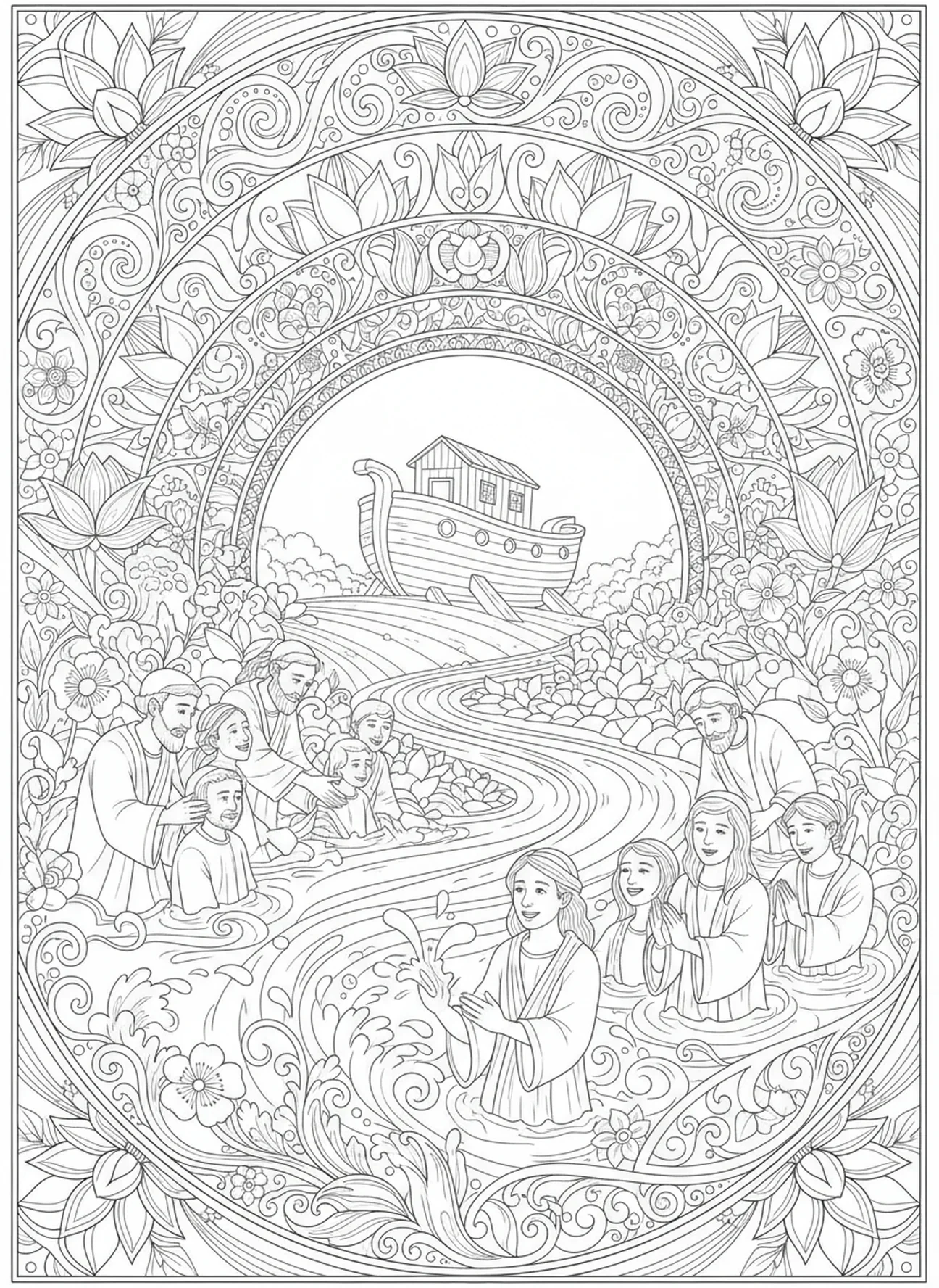 Disciples baptisant des personnes, page à colorier Matthieu 28:19 dans un style de journal biblique pour adultes