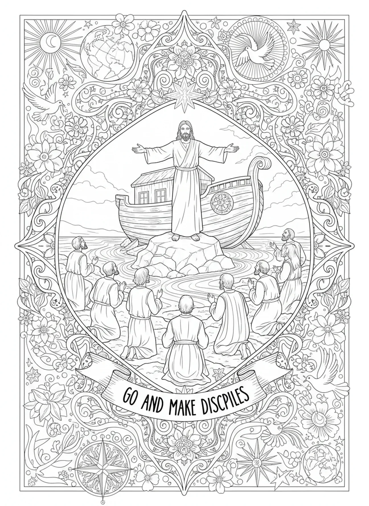 Moment de la Grande Commission, page à colorier Matthieu 28:19 pour adultes dans le style du journal biblique