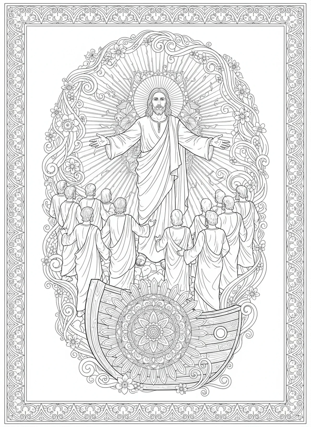 Jésus commandant les disciples, page à colorier Matthieu 28:19 pour adultes dans un style de journal biblique