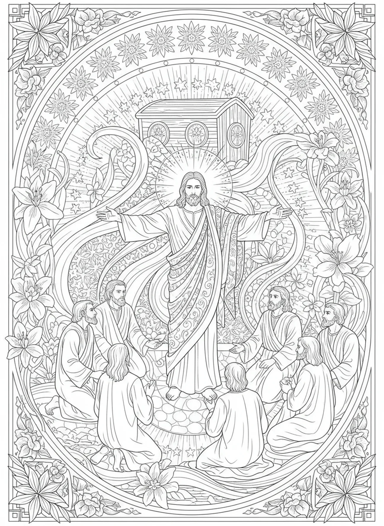 Jésus promet sa présence, page à colorier Matthieu 28:19 pour adultes dans le style du journal biblique