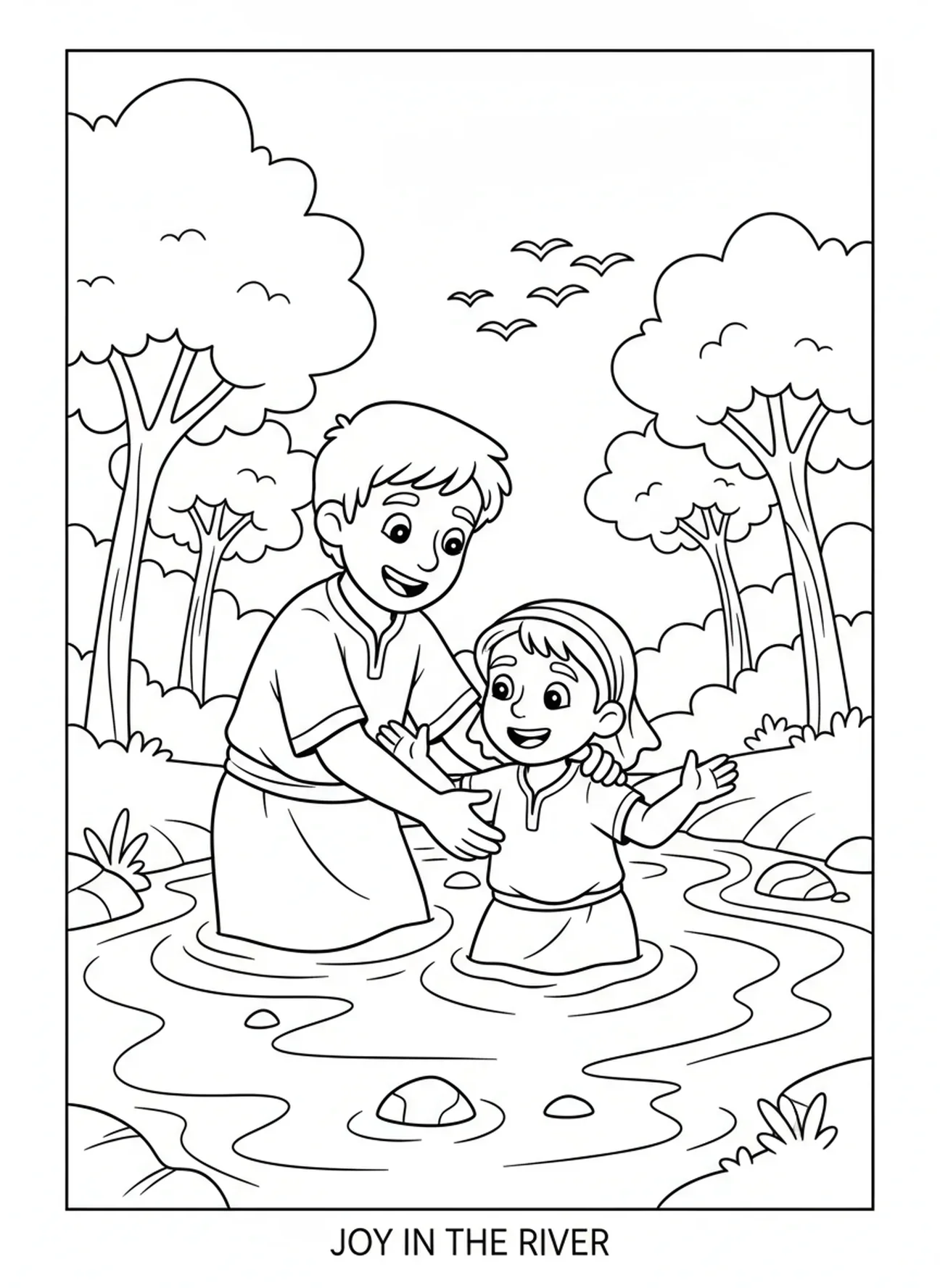 Discípulo bautizando a un aldeano, página para colorear de Mateo 28:19 para niños de 5 a 10 años