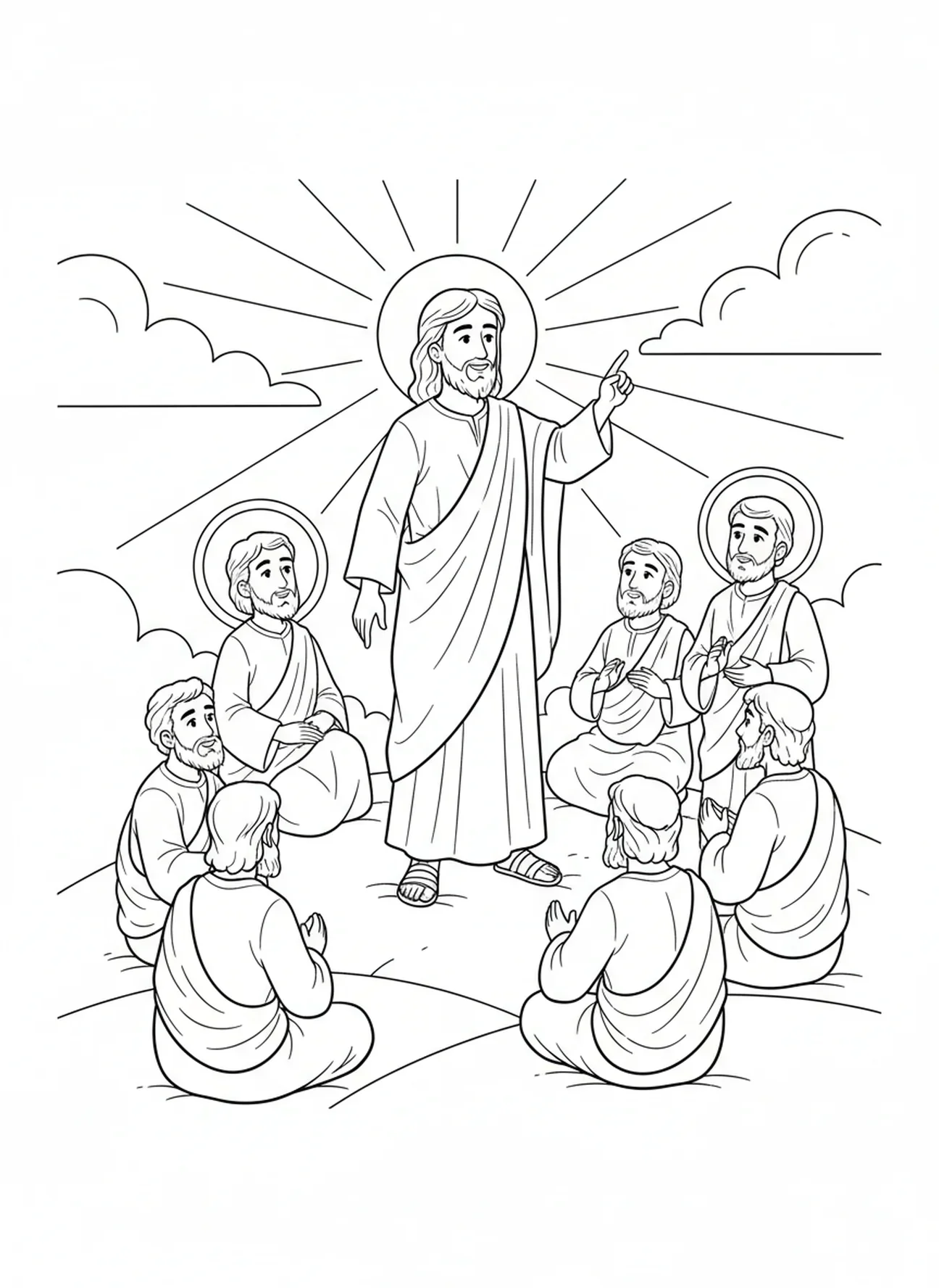 Jesús de pie en una colina, página para colorear de Mateo 28:19 para niños de 5 a 10 años