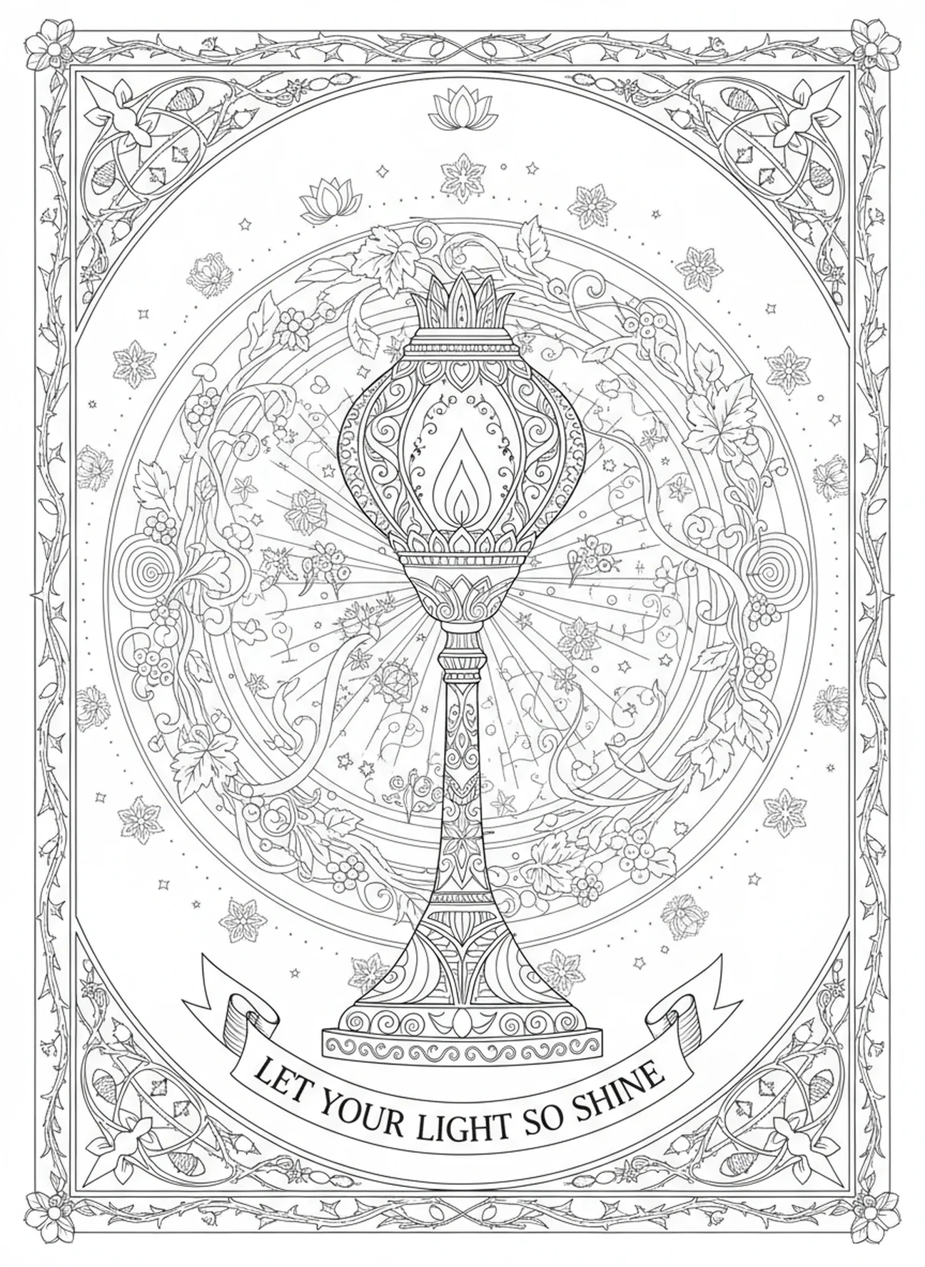 Dekorative Lampe auf einem Ständer, Matthäus 5,16 Ausmalbild für Erwachsene im Stil des Bibeljournaling.