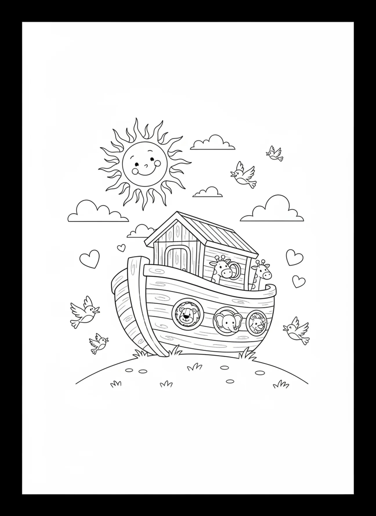 Arche en bois sur une colline, page à colorier Matthieu 5:16 pour les enfants de 5 à 10 ans.