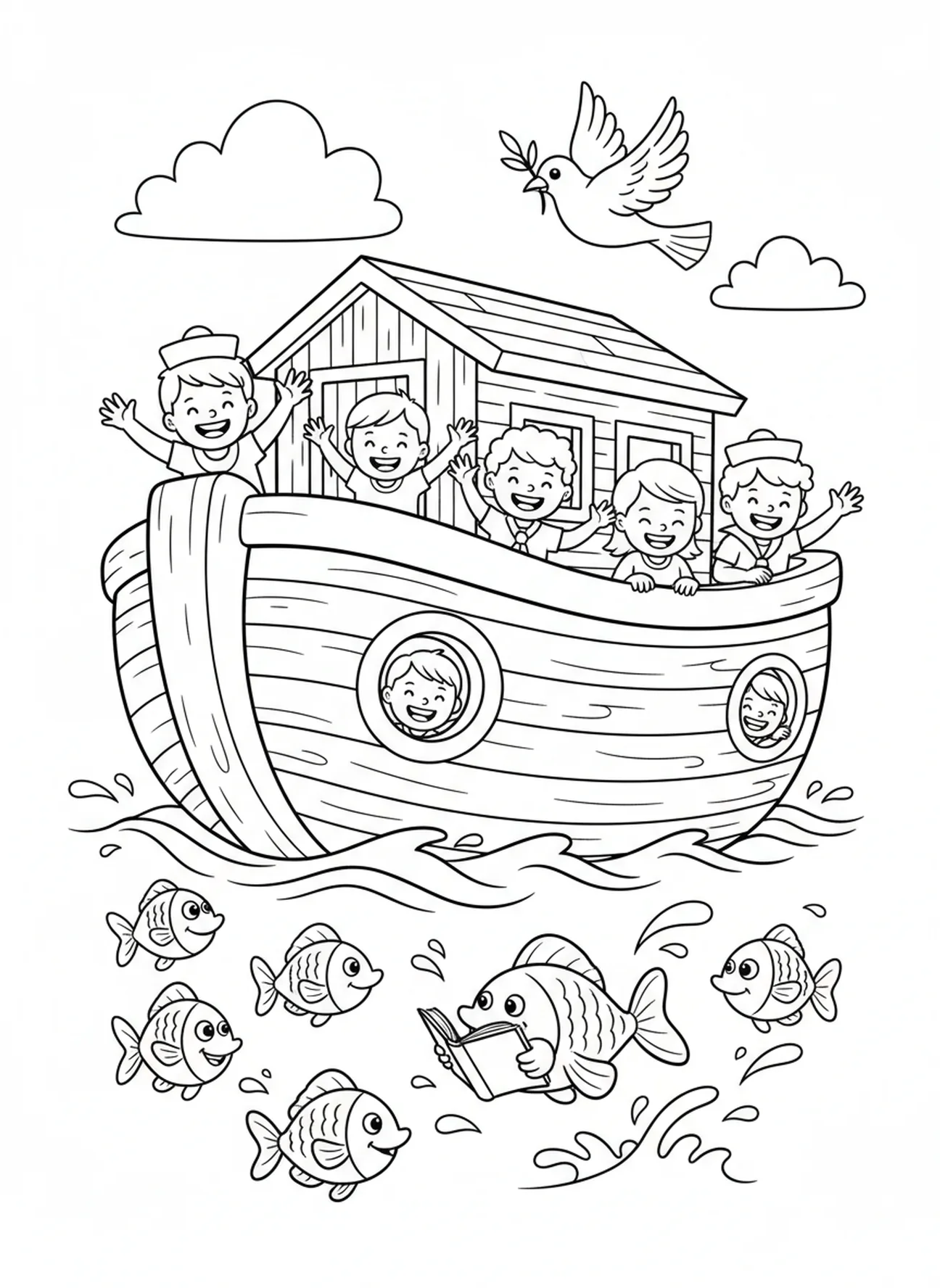 Arche en bois naviguant avec des enfants, page à colorier Matthieu 5:16 pour les enfants de 5 à 10 ans.