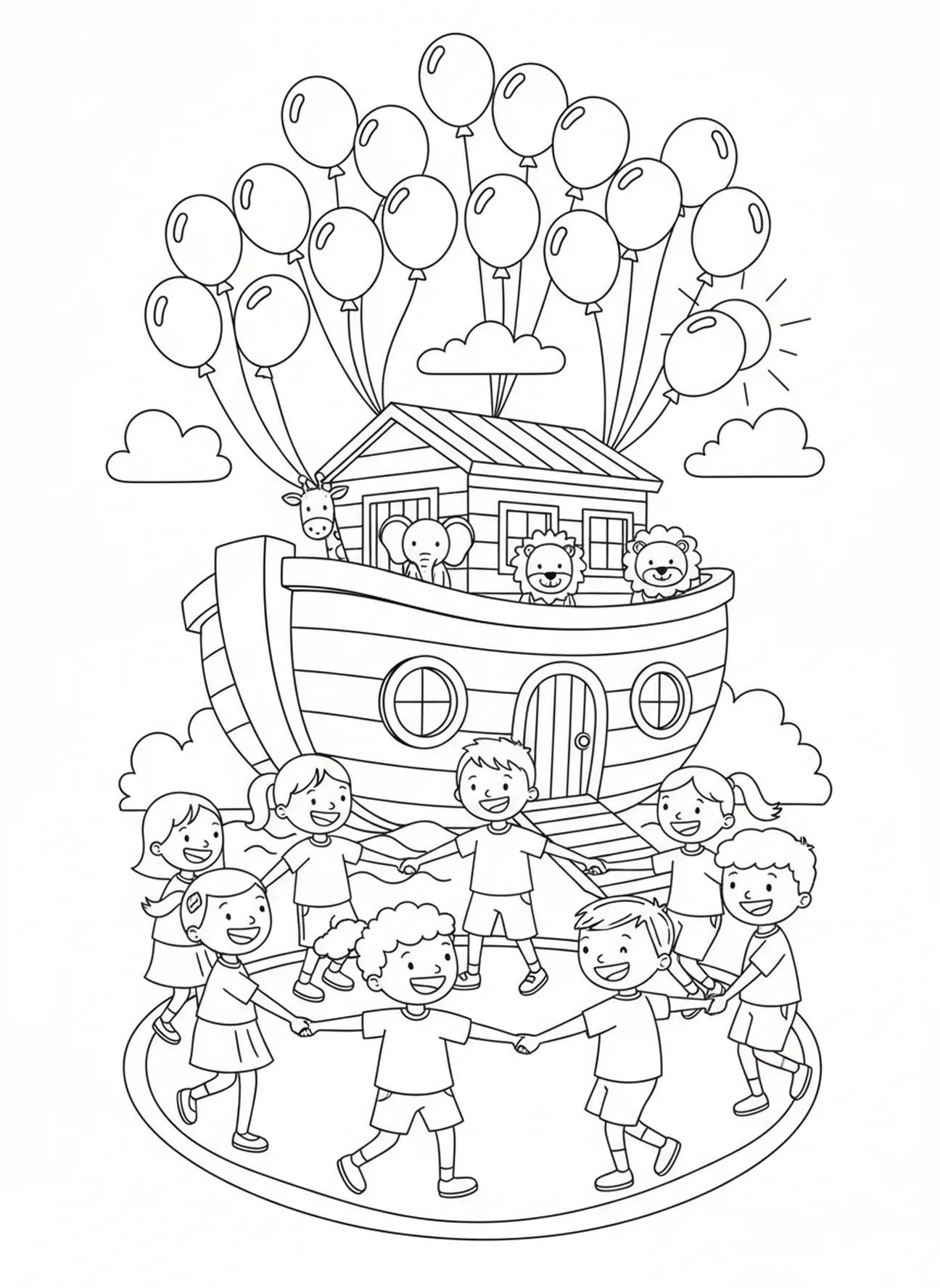 Enfants célébrant autour de l'arche, page à colorier Matthieu 5:16 pour les enfants de 5 à 10 ans.