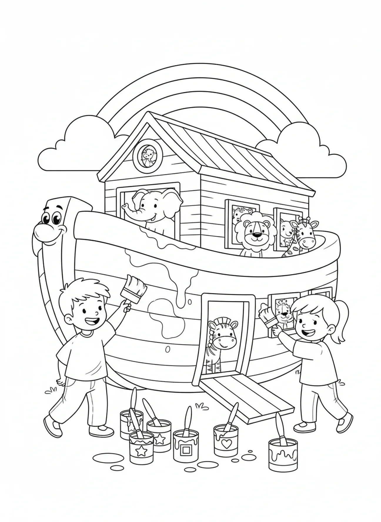 Deux enfants peignant l'arche, page à colorier Matthieu 5:16 pour les enfants de 5 à 10 ans.
