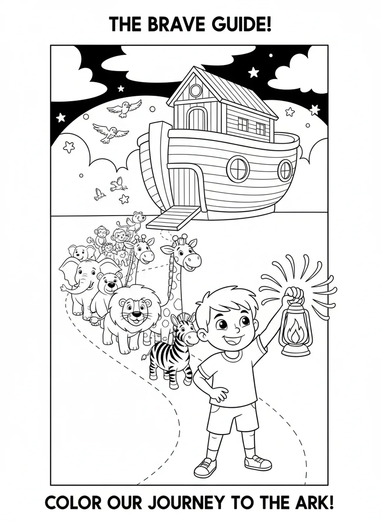 Enfant avec une lanterne guidant des animaux, page à colorier Matthieu 5:16 pour les enfants de 5 à 10 ans.
