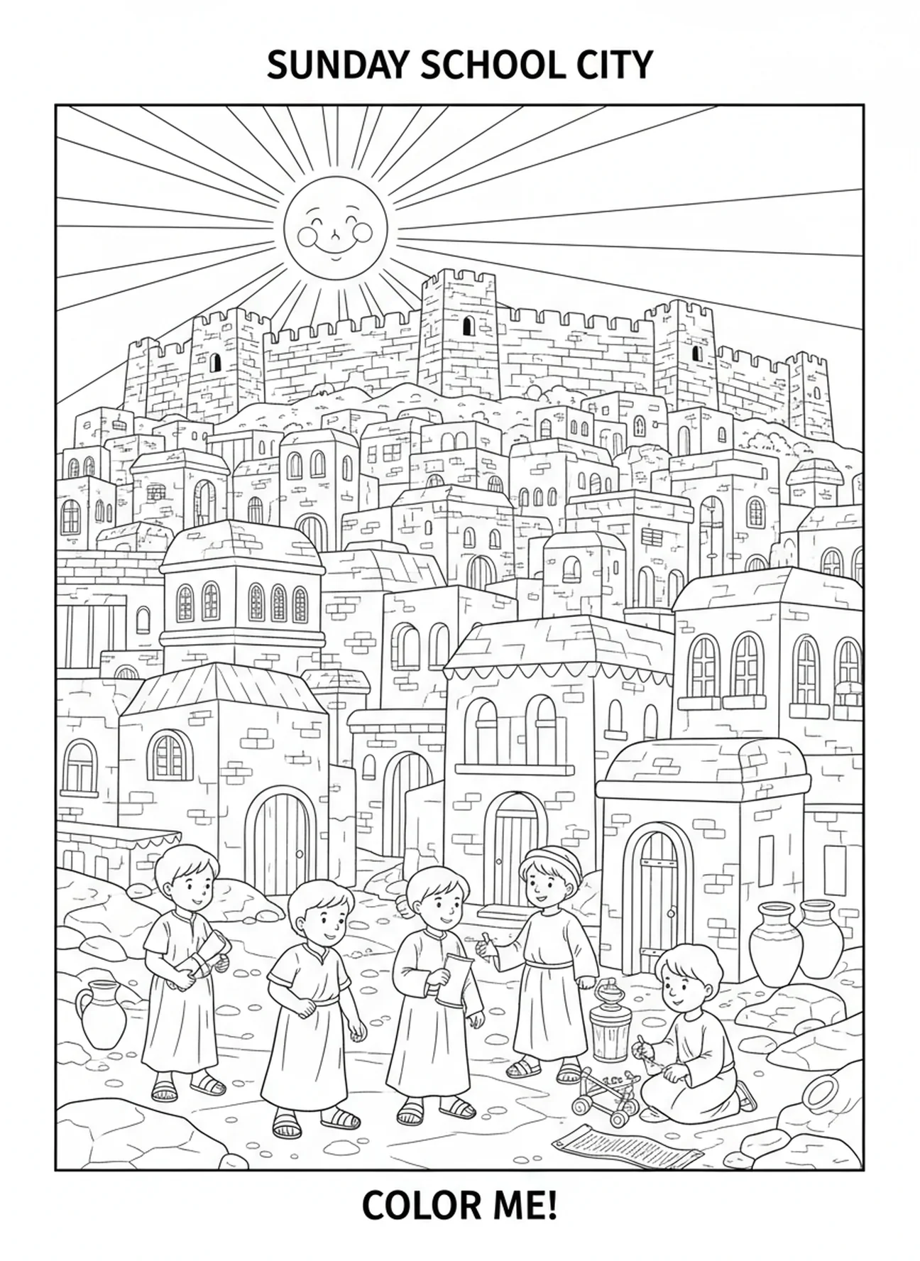Cidade vibrante sobre uma colina, página para colorir de Mateus 5:16 para crianças da Escola Dominical de 5 a 12 anos