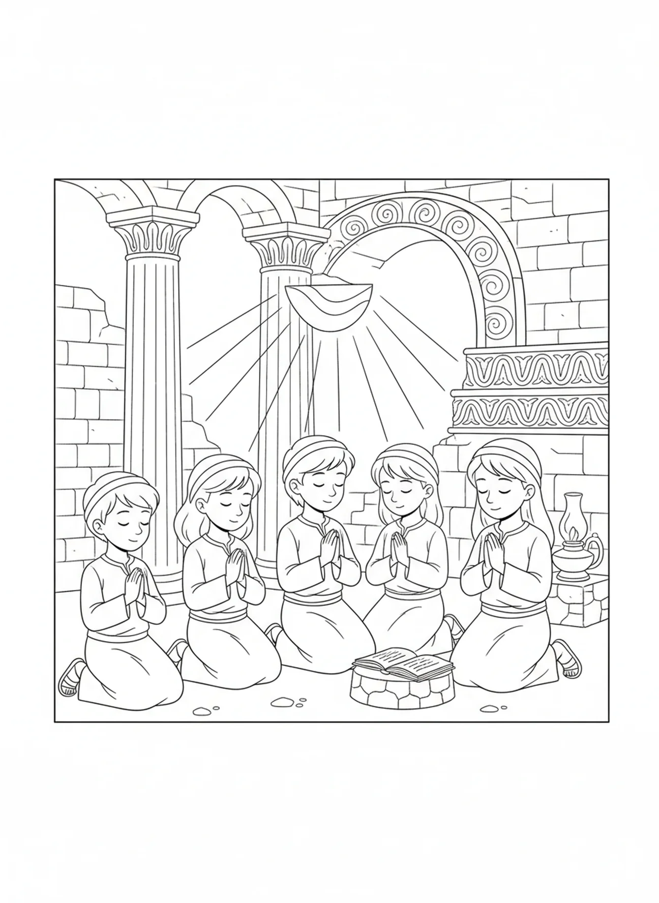 Crianças orando juntas, página para colorir de Mateus 5:16 para crianças da Escola Dominical de 5 a 12 anos