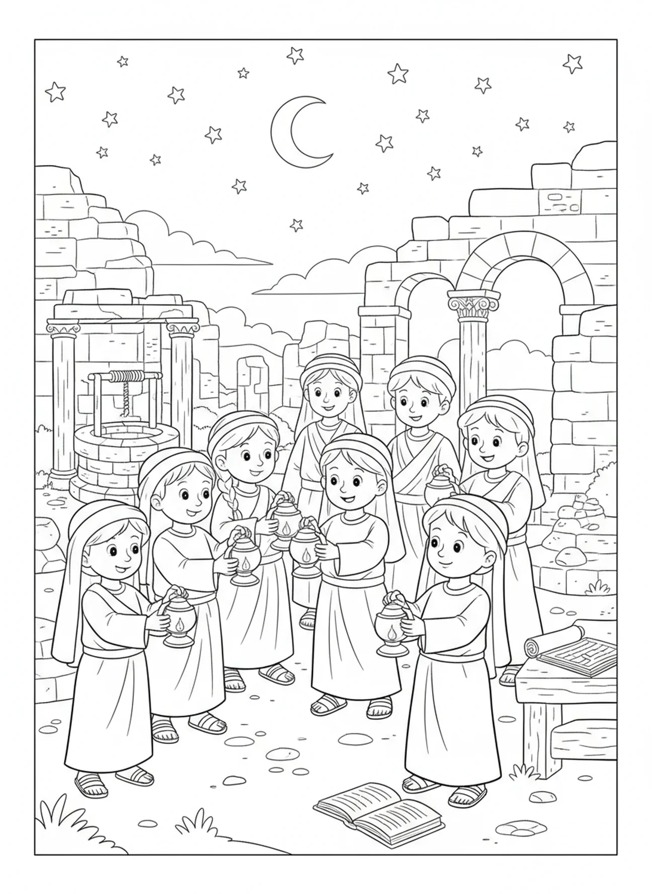 Crianças passando lamparinas, página para colorir de Mateus 5:16 para crianças da Escola Dominical de 5 a 12 anos
