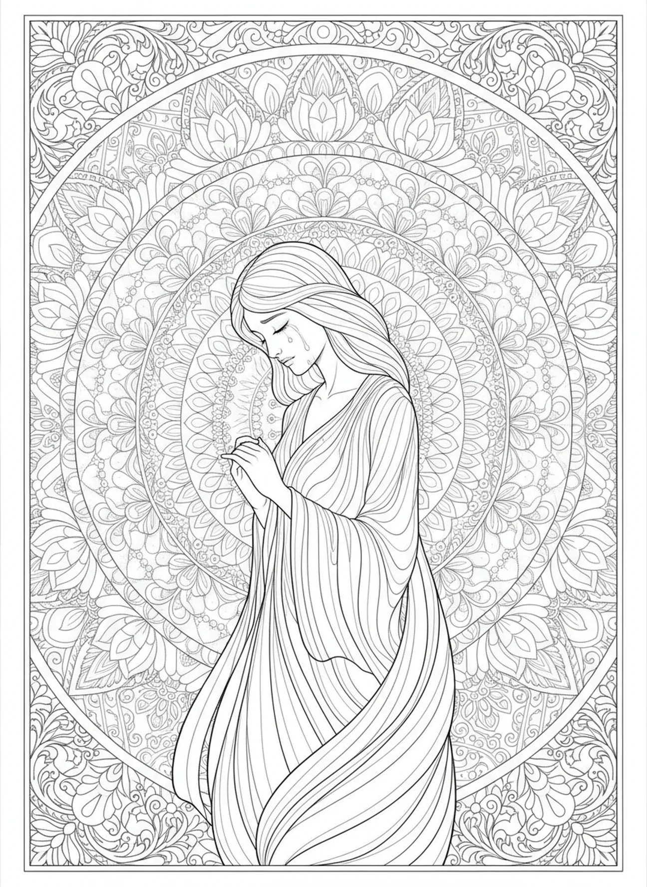 Traurige Figur des Trostes, Matthäus 5,3-12 Ausmalbild für Erwachsene im Bibel-Journaling-Stil