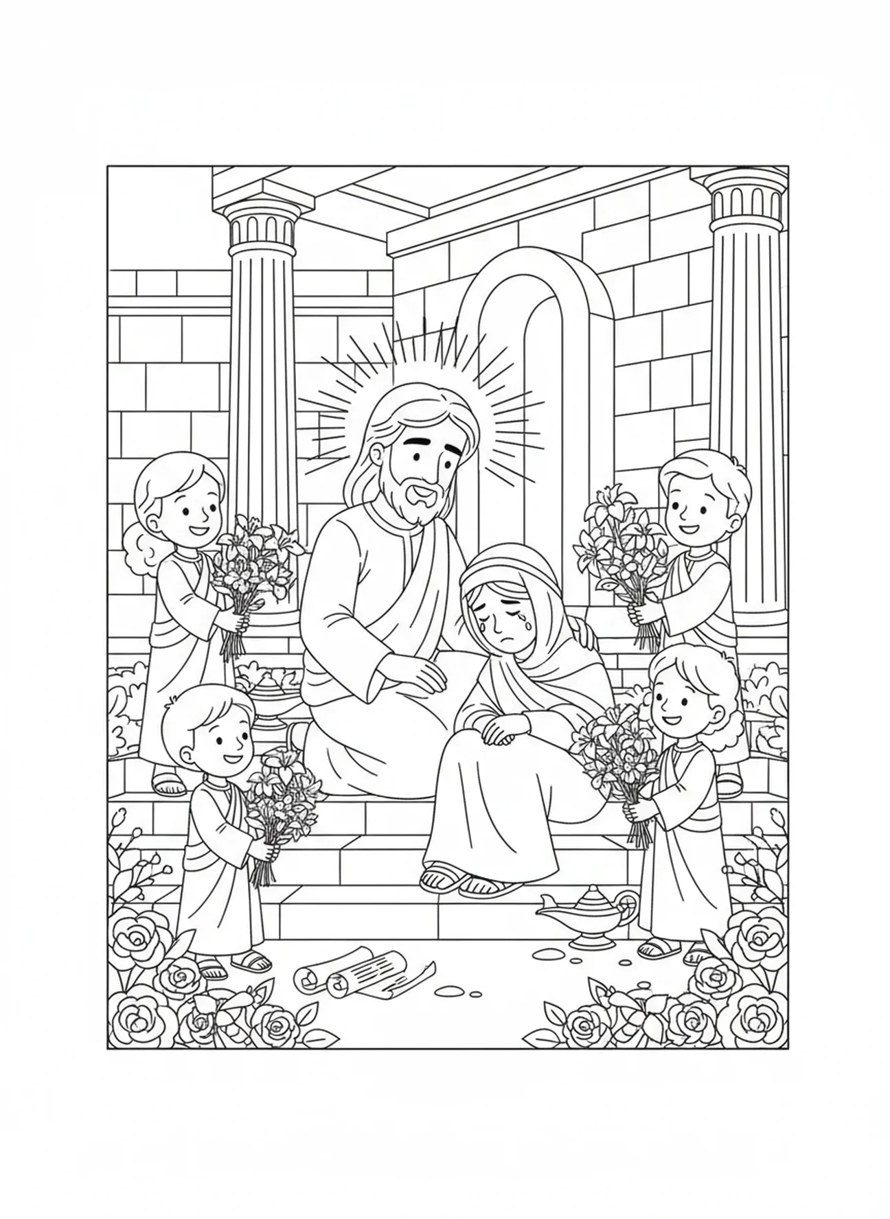Jezus pocieszający smutną osobę, kolorowanka z Mateusza 5:3-12 dla dzieci w katechezie w wieku 5-12 lat.