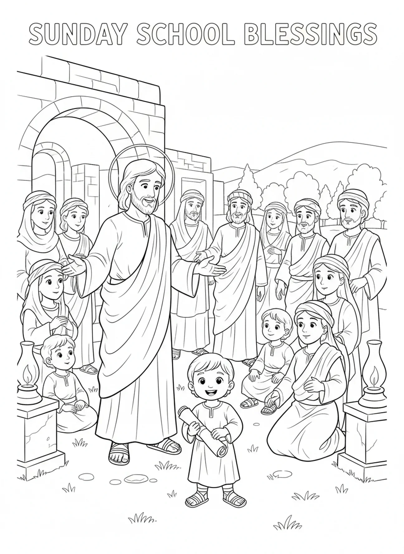 Jezus rozmawia z łagodną grupą, kolorowanka z Mateusza 5:3-12 dla dzieci w katechezie w wieku 5-12 lat.