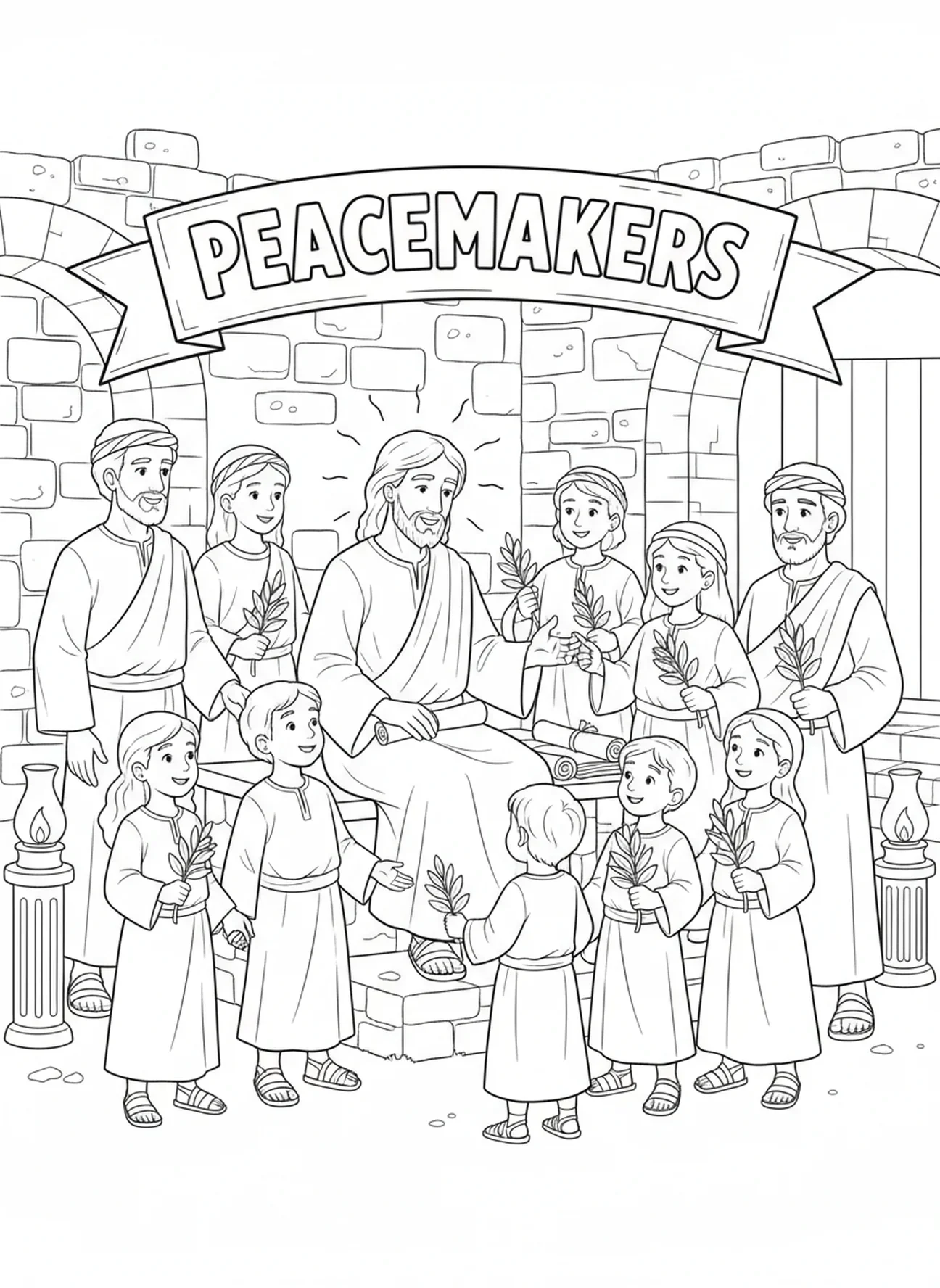 Jezus naucza o pokojowych, kolorowanka z Mateusza 5:3-12 dla dzieci w wieku 5-12 lat na katechezę.