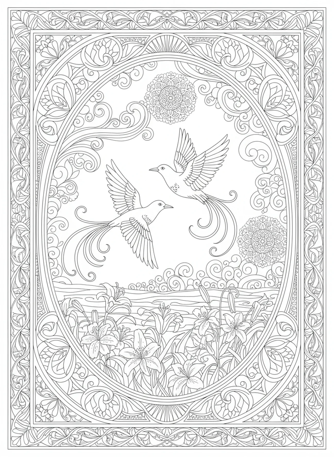 Oiseaux élégants s'élevant, page à colorier sur les lys de Matthieu 6:28 pour le journal biblique des adultes