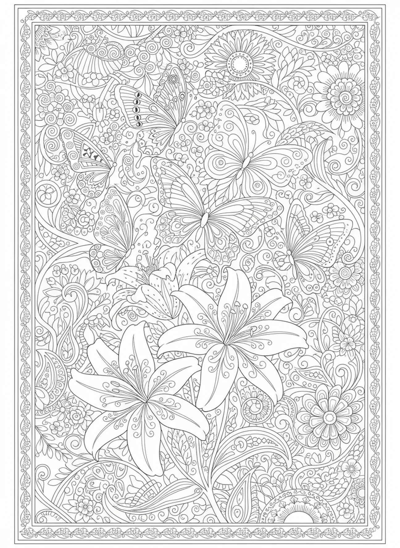 Papillons ornés de motifs, page à colorier sur les lys de Matthieu 6:28 dans un style de journal biblique pour adultes