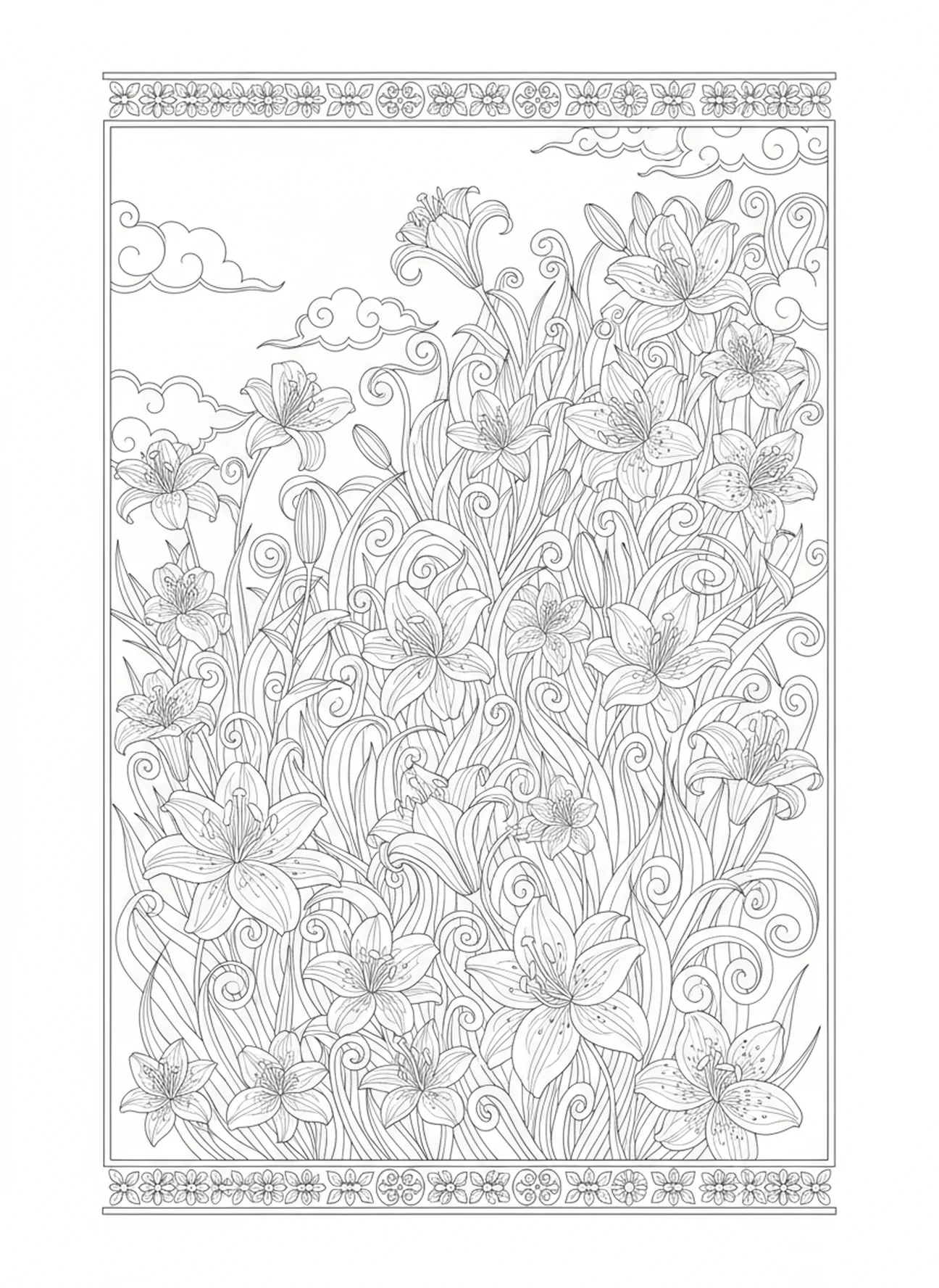 Vaste champ de lys, Matthieu 6:28 page à colorier sur le thème des lys pour le journal biblique