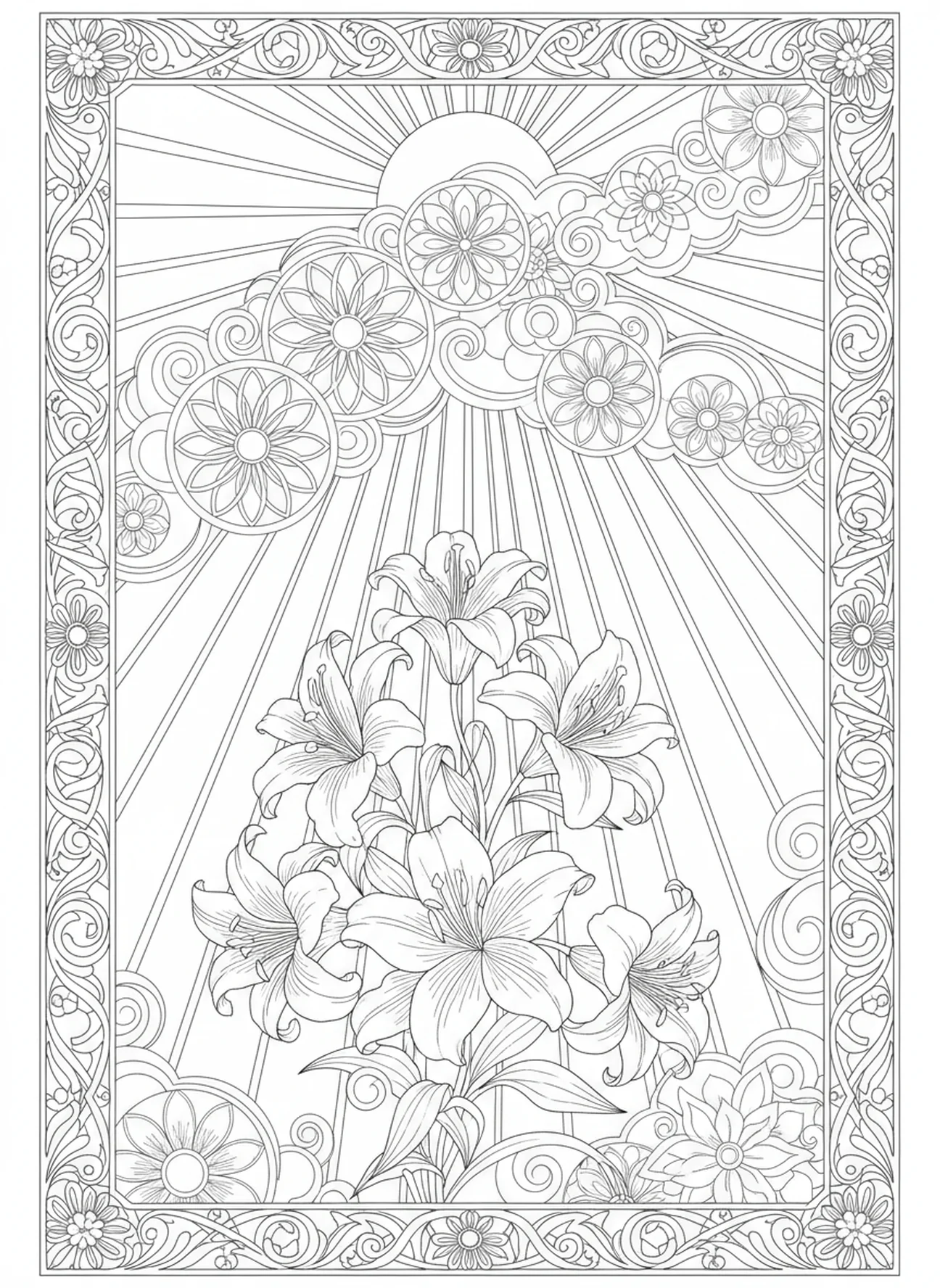 Rayons de soleil sur des lys, page à colorier Matthieu 6:28 pour le journaling biblique style adulte