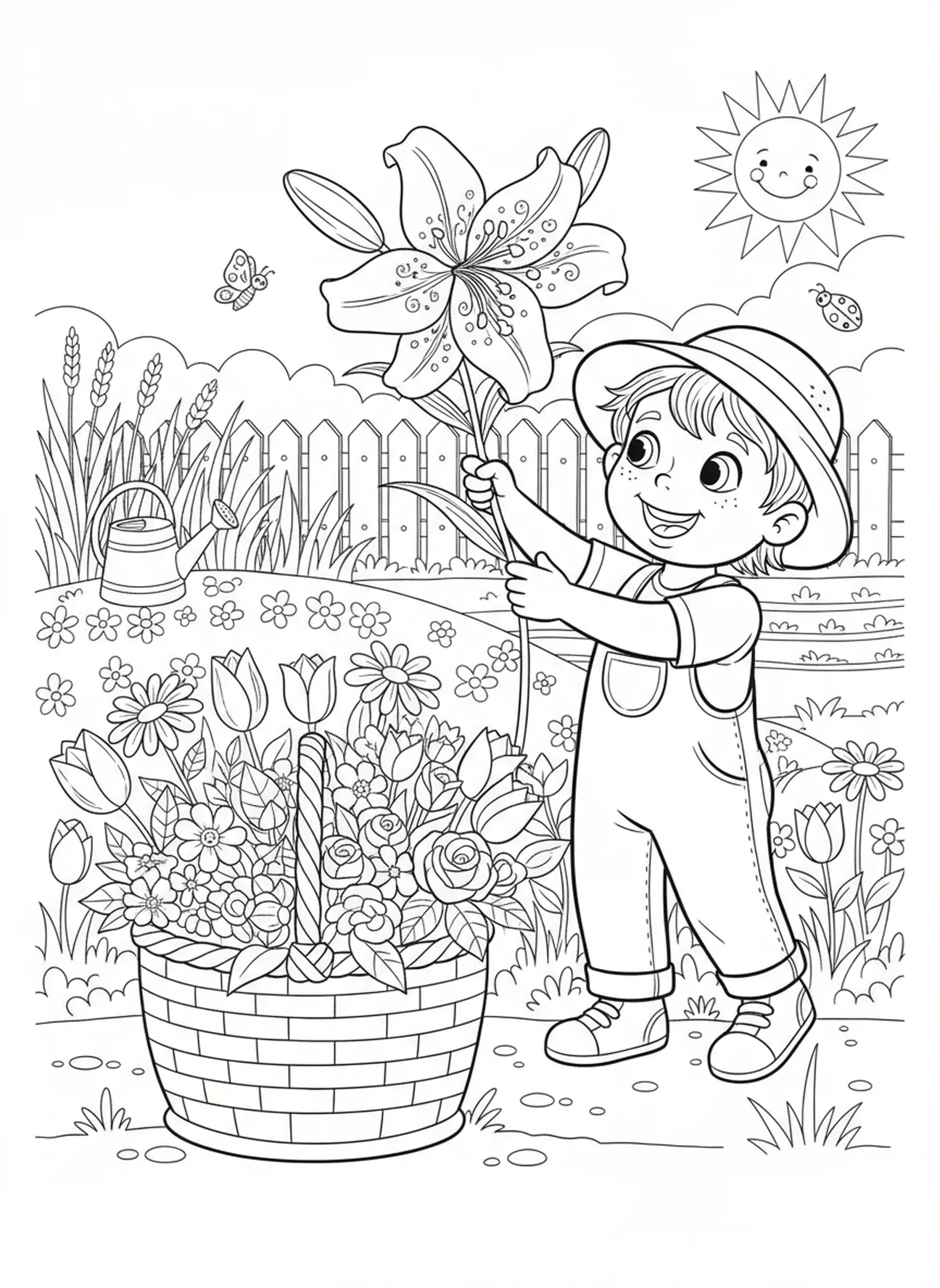 Niño encantado recogiendo lirios, Mateo 6:28 página para colorear de lirios para niños de 5 a 10 años.