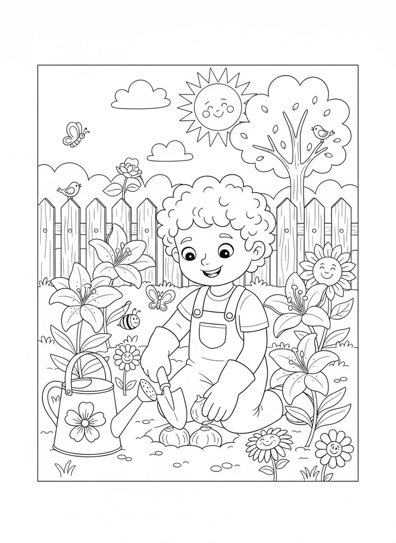 Niño alegre plantando lirios, Mateo 6:28 página para colorear sobre el campo de lirios para niños de 5 a 10 años.