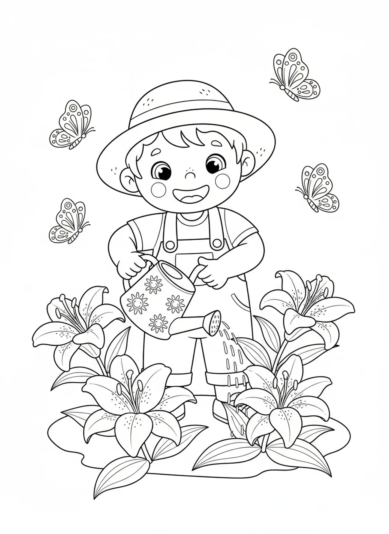 Niño feliz regando lirios, página para colorear de Mateo 6:28 Lirios del campo para niños de 5 a 10 años.