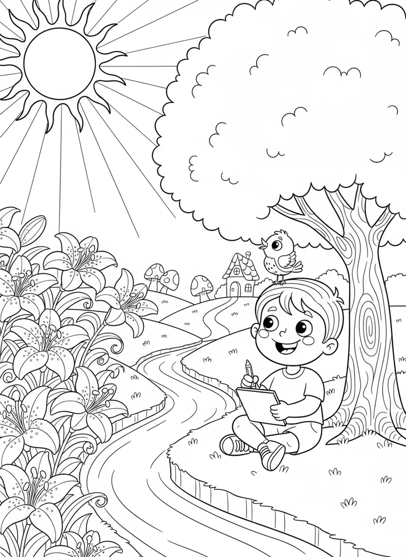 Niño bajo un árbol disfrutando de lirios, página para colorear de Mateo 6:28 Lirios del Campo para niños de 5 a 10 años.