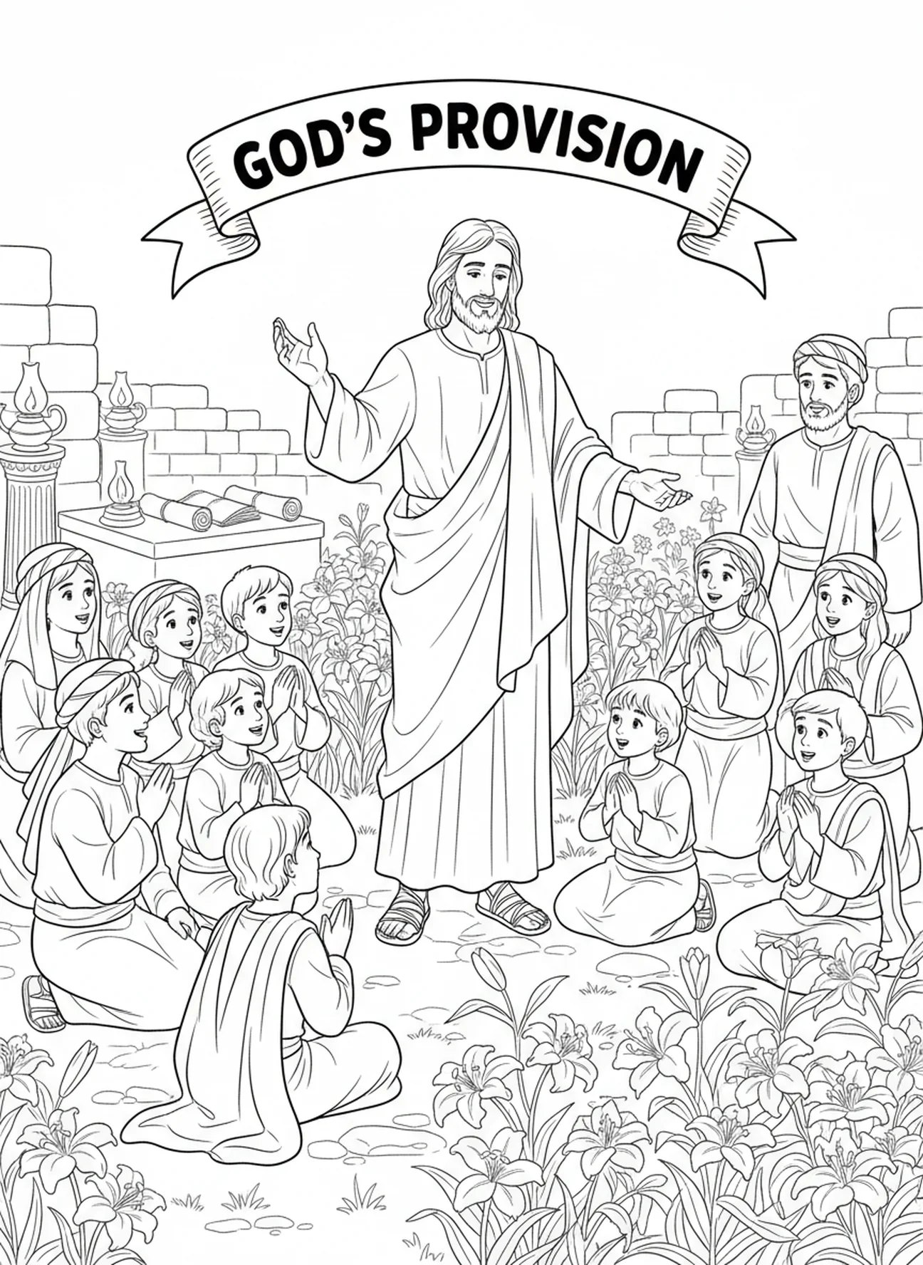 Jezus wskazujący na lilie, kolorowanka z Mateusza 6:28 dla dzieci w katechezie w wieku 5-12 lat.