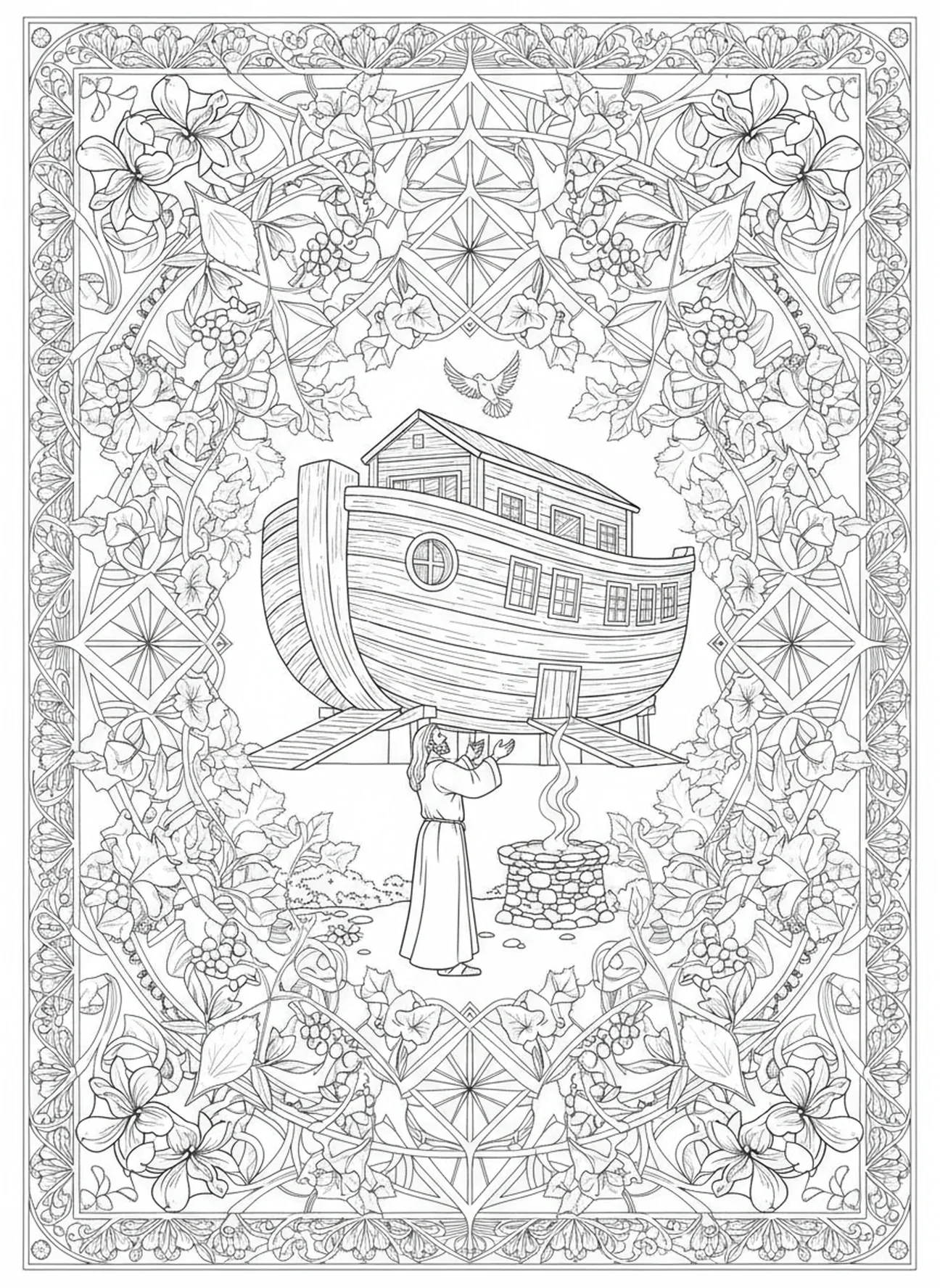 Noah opfert ein Opfer, Matthäus 6,33 Ausmalbild für Erwachsene im Bibel-Journaling-Stil.