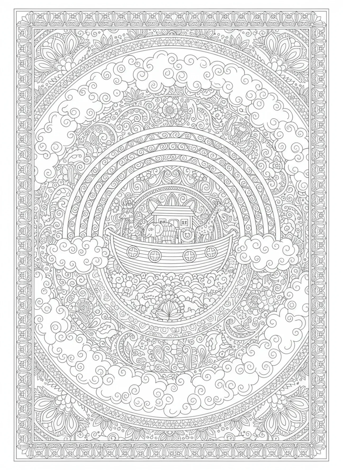 Ein Regenbogen über der Arche, Matthäus 6,33 Malvorlage im Stil des Bibeljournalings für Erwachsene.