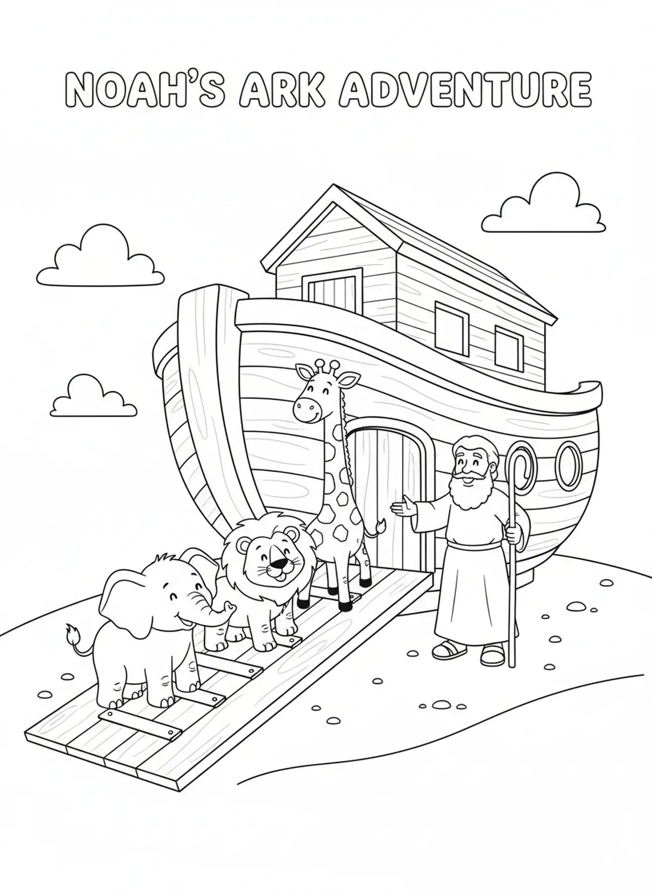 Paire d'éléphants entrant dans l'arche, page à colorier Matthieu 6:33 pour enfants de 5 à 10 ans