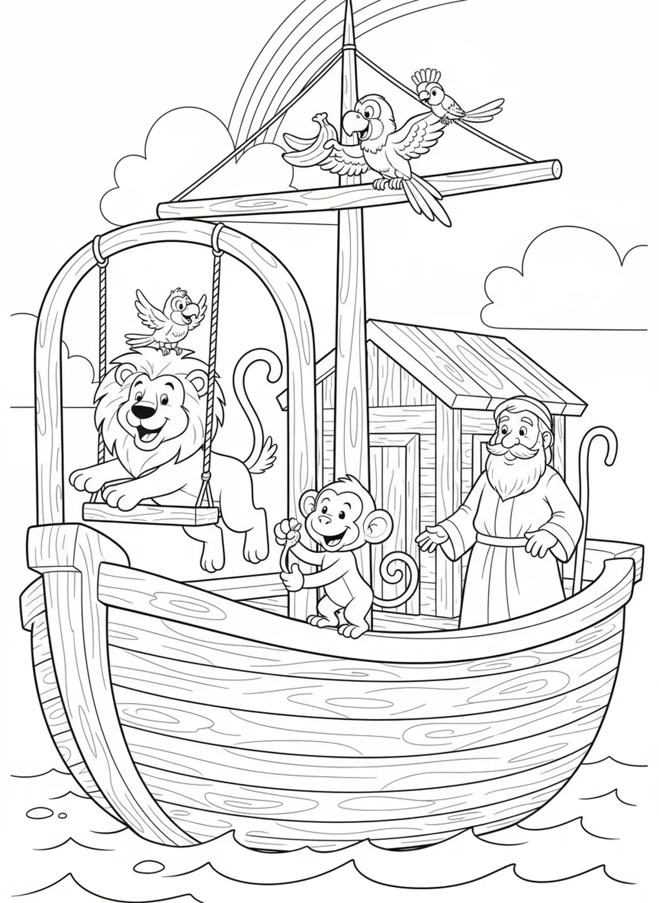 Animaux jouant sur l'arche, page à colorier Matthieu 6:33 pour les enfants de 5 à 10 ans